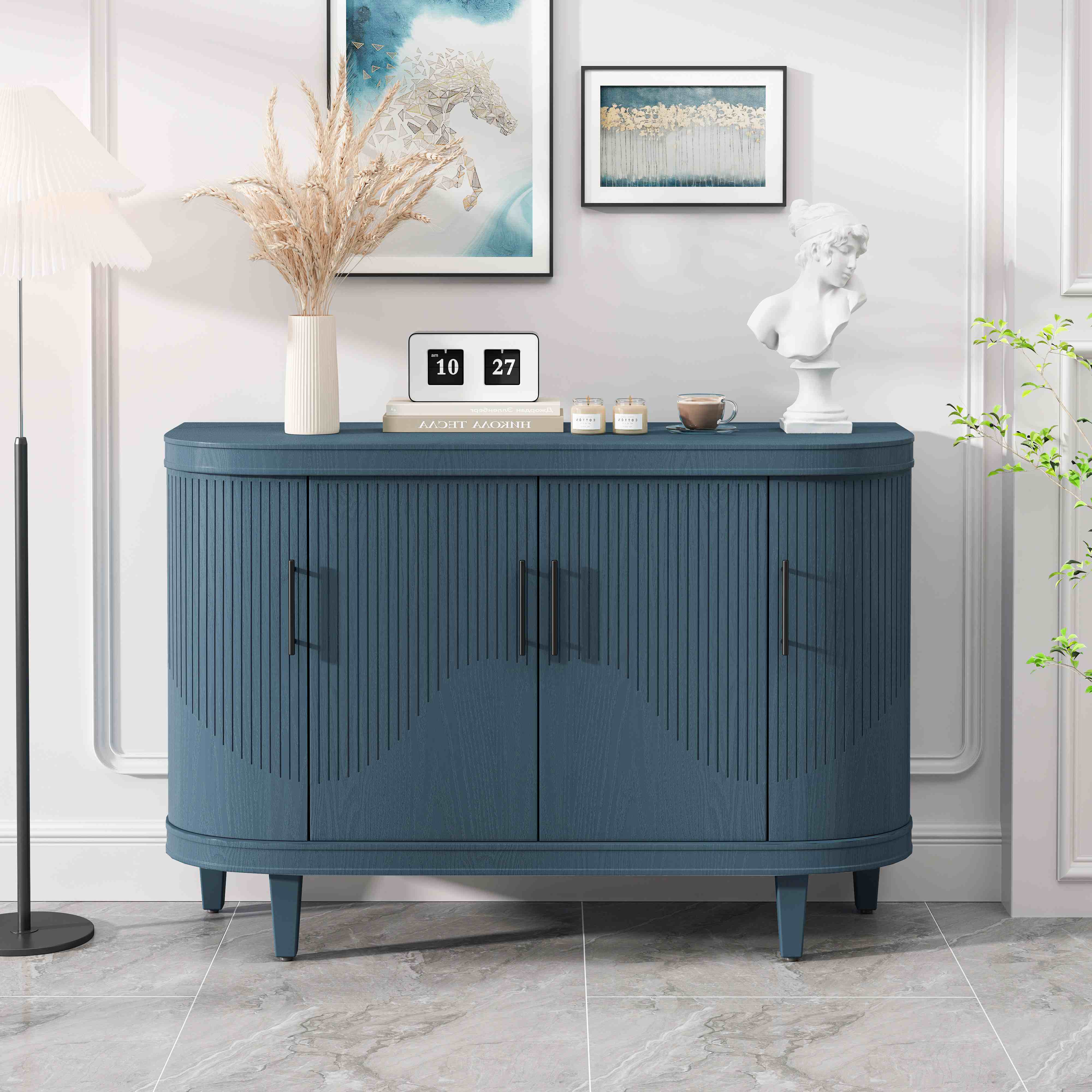 Modern Curved Sideboard, 47.2-Inch Decorative Storage Cabinet with 4 Doors, Adjustable Interior Shelves, Wooden Console Table for Living Room, Kitchen