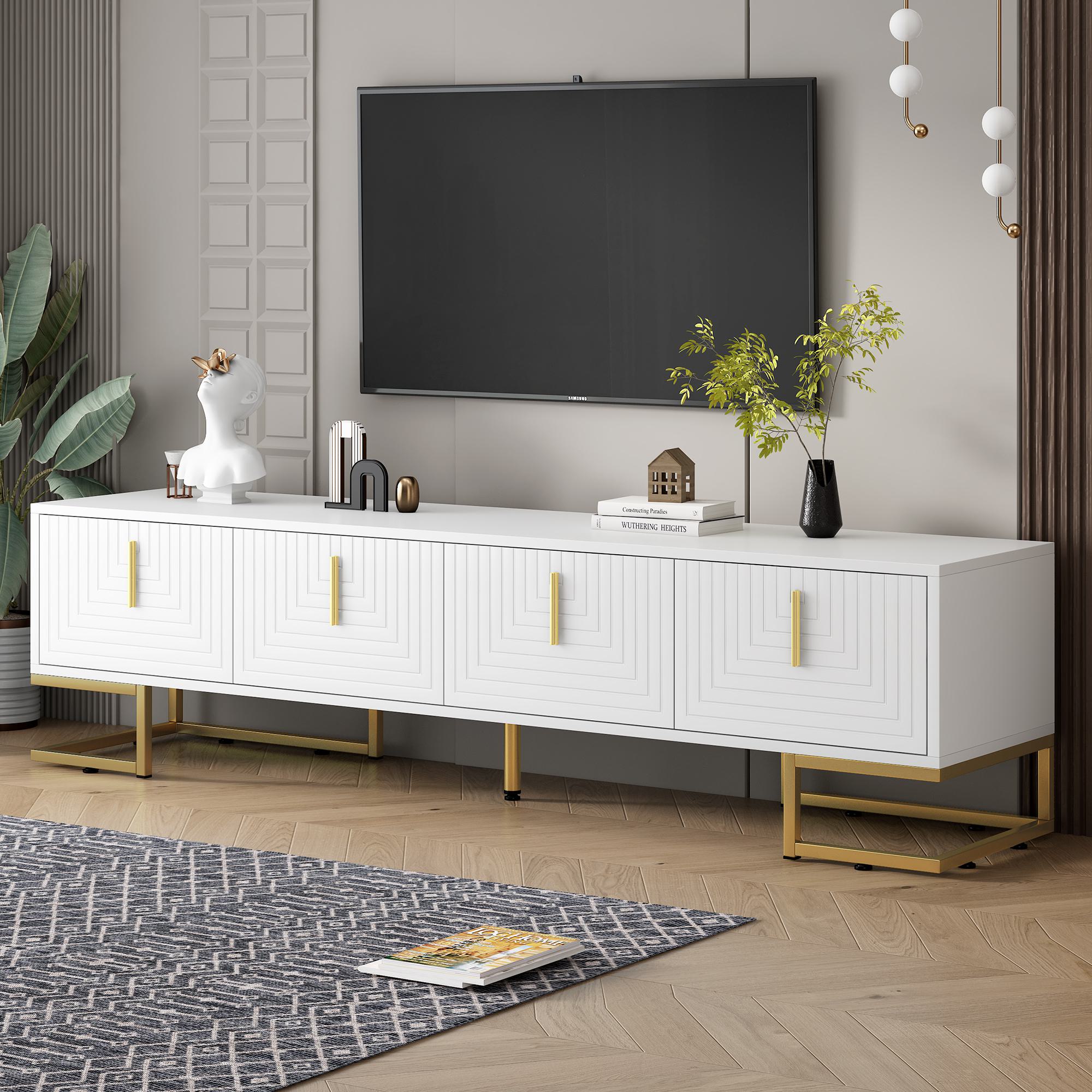Vinsetto Modern TV Stand with Metal Legs and Gold Handles for TVs Up to 80", Media Console Table with Cabinets and Adjustable Shelves, White+Gold
