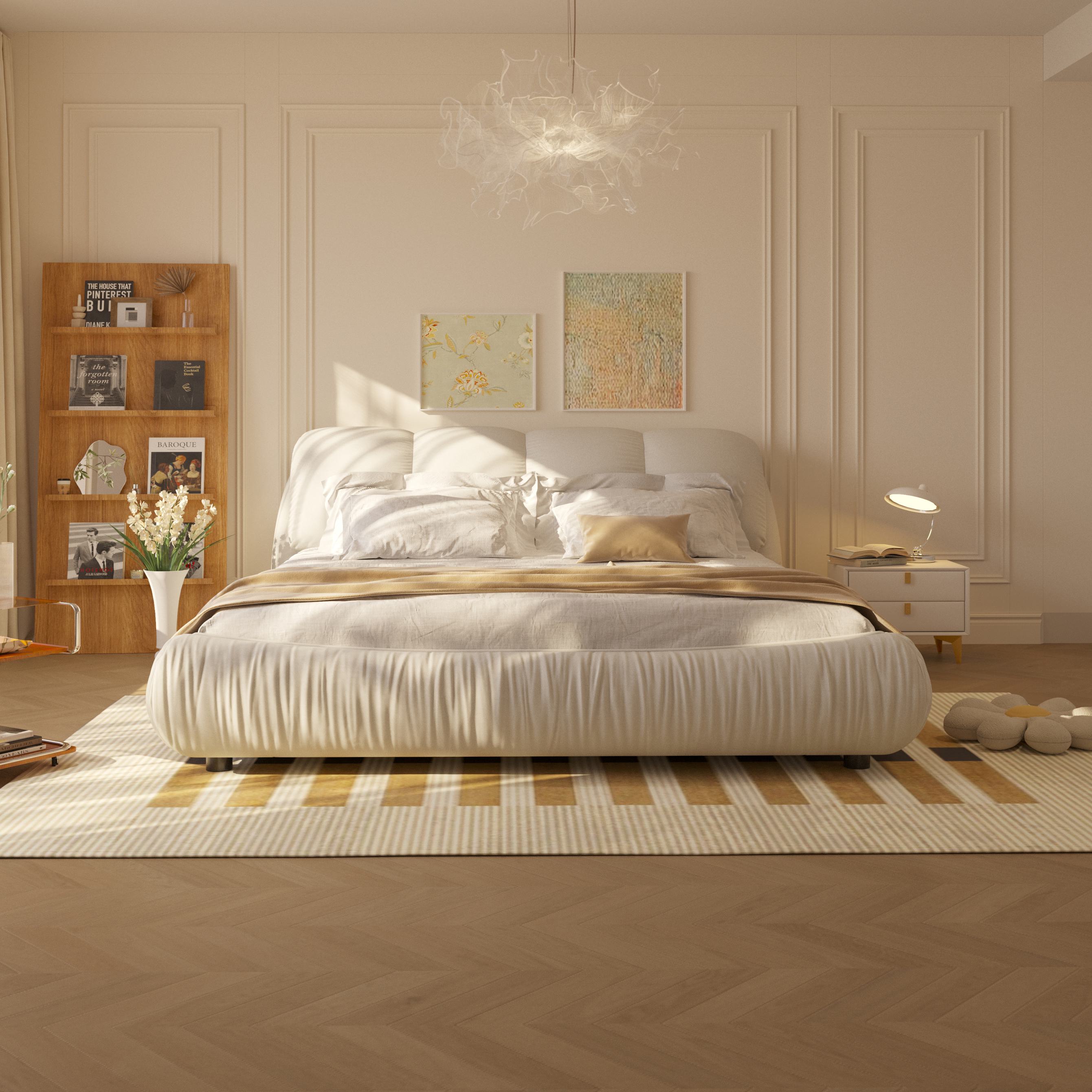 Queen Size Upholstered Bed with Oversized Padded Backrest, Solid Wood Frame, Adjustable Mattress Heights, 96.5" L x 70" W x 43.5" H, Beige