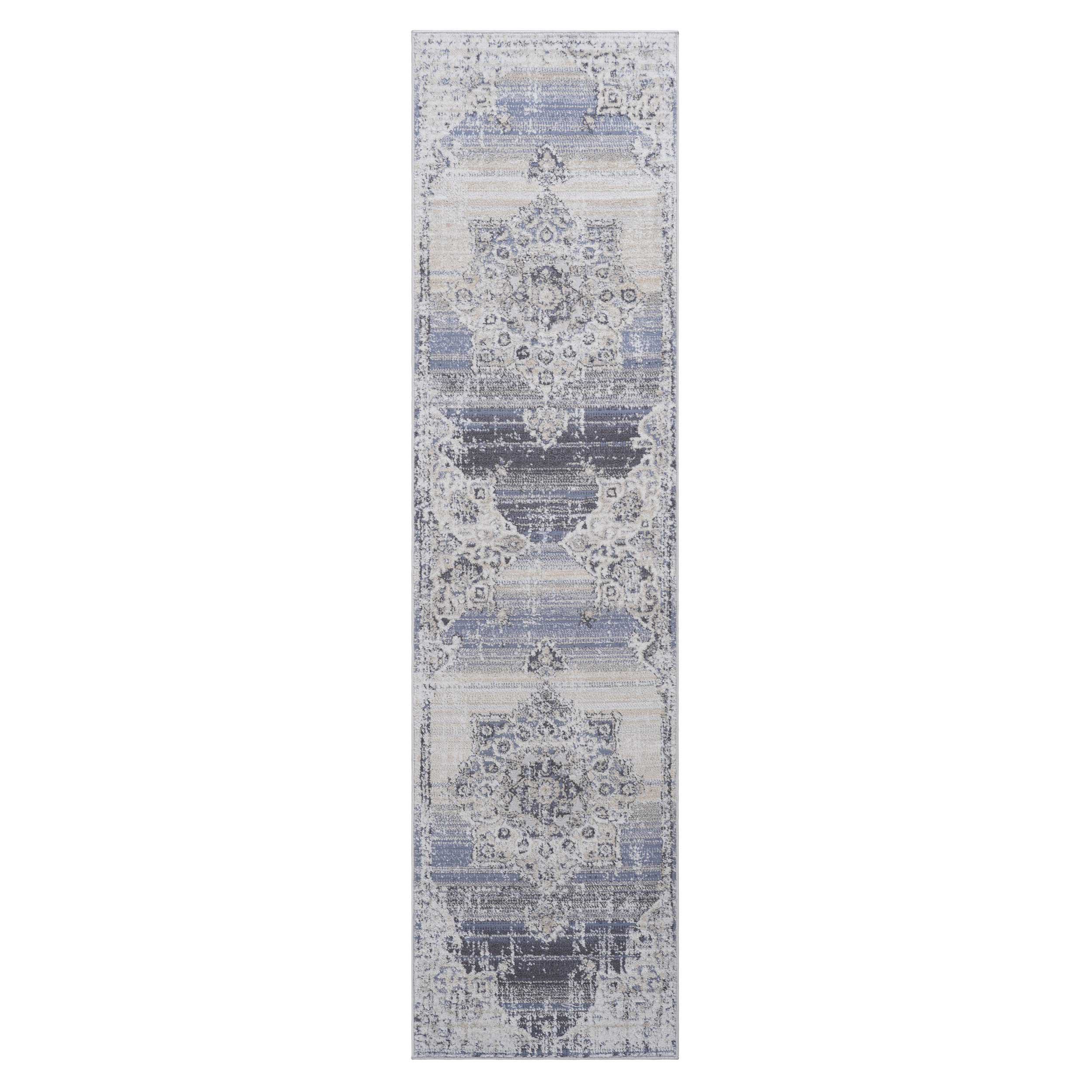 2x8 Stain-Resistant Area Rug with Cotton Backing, Carpet for Living Room, Bedroom, Home Office, 96" L x 26" W x 0.3" H, Cream+Blue