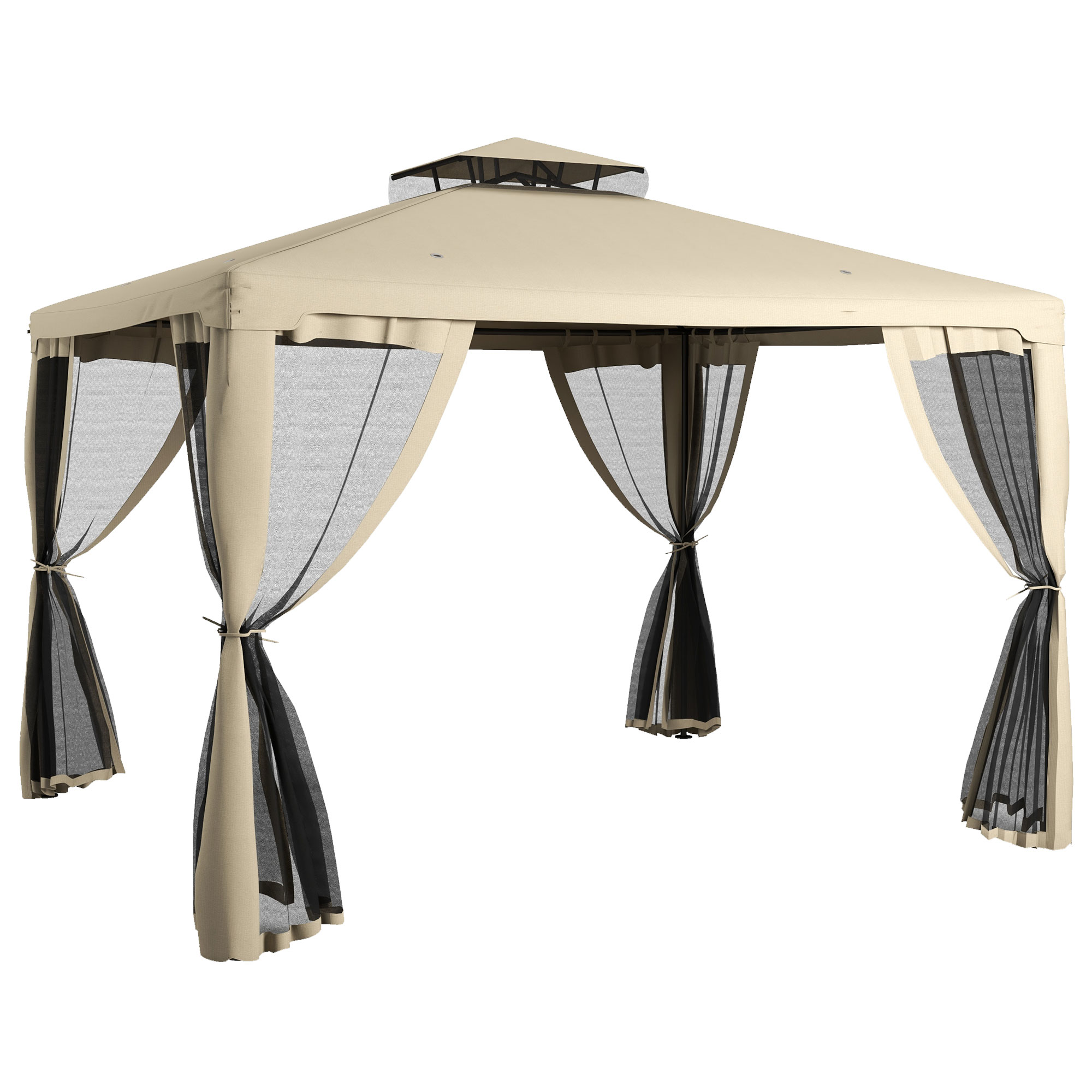Outsunny 9.6' x 11.6' Patio Gazebo Outdoor Canopy Shelter with 2-Tier Roof and Netting, Steel Frame for Garden, Taupe