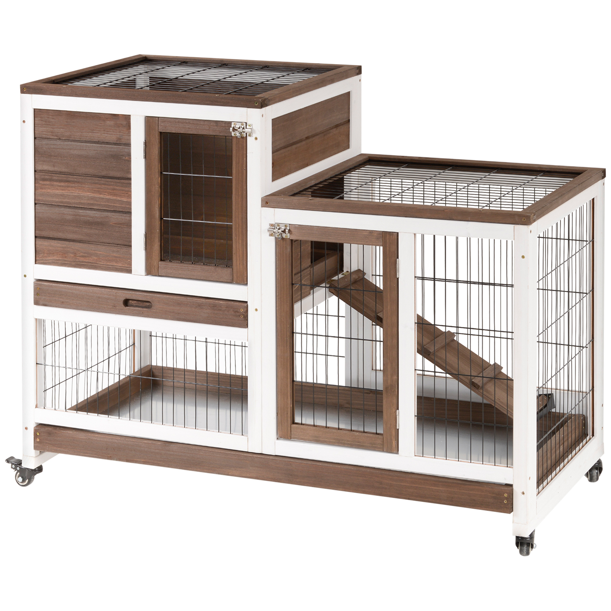 PawHut Wooden Rabbit Hutch Elevated Bunny Cage Indoor Small Animal Habitat with Enclosed Run with Wheels, Ramp, Brown