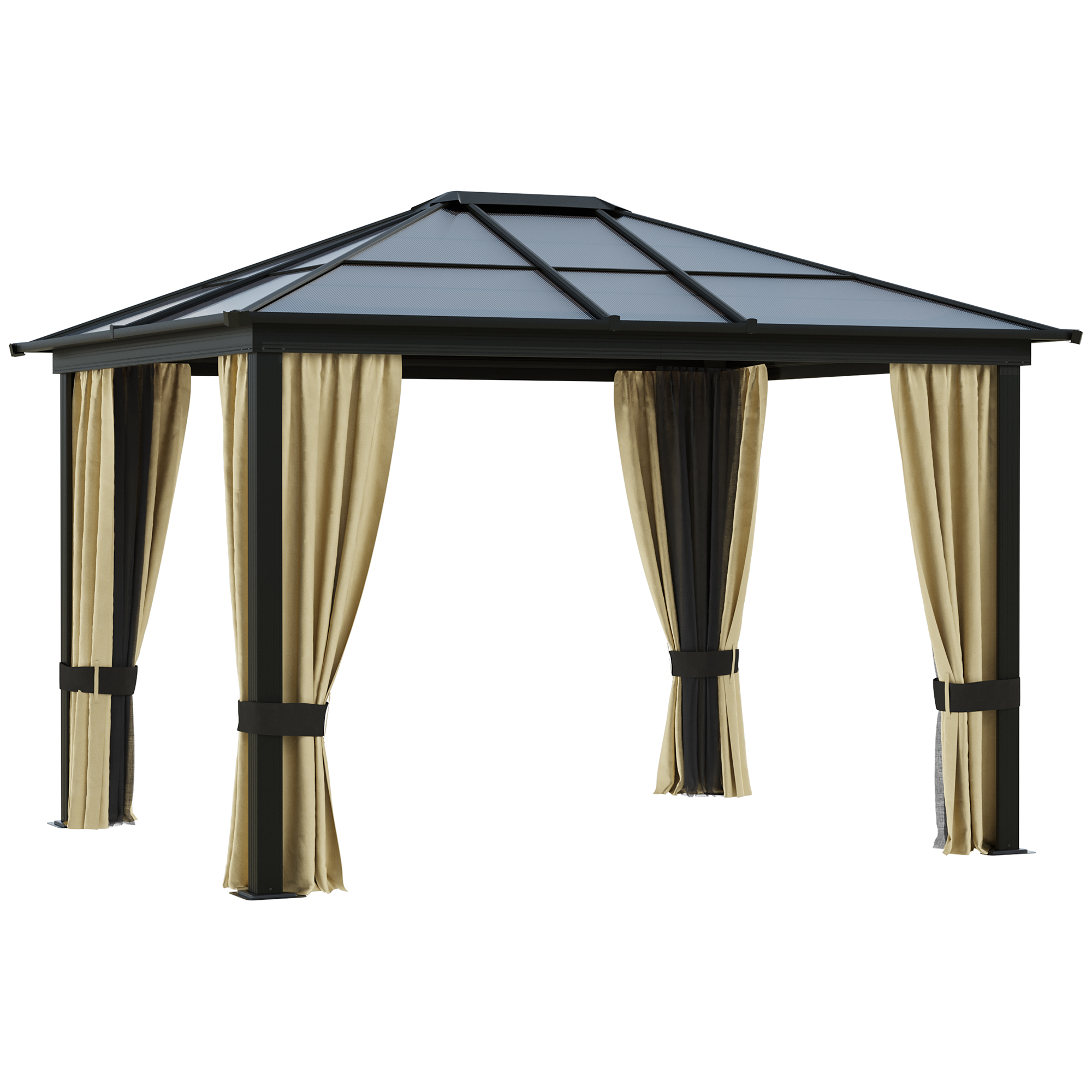Outsunny 10' x 12' Hardtop Gazebo Canopy with Polycarbonate Roof, Aluminum Frame, Permanent Pavilion Outdoor Gazebo with Netting, for Patio, Garden, B