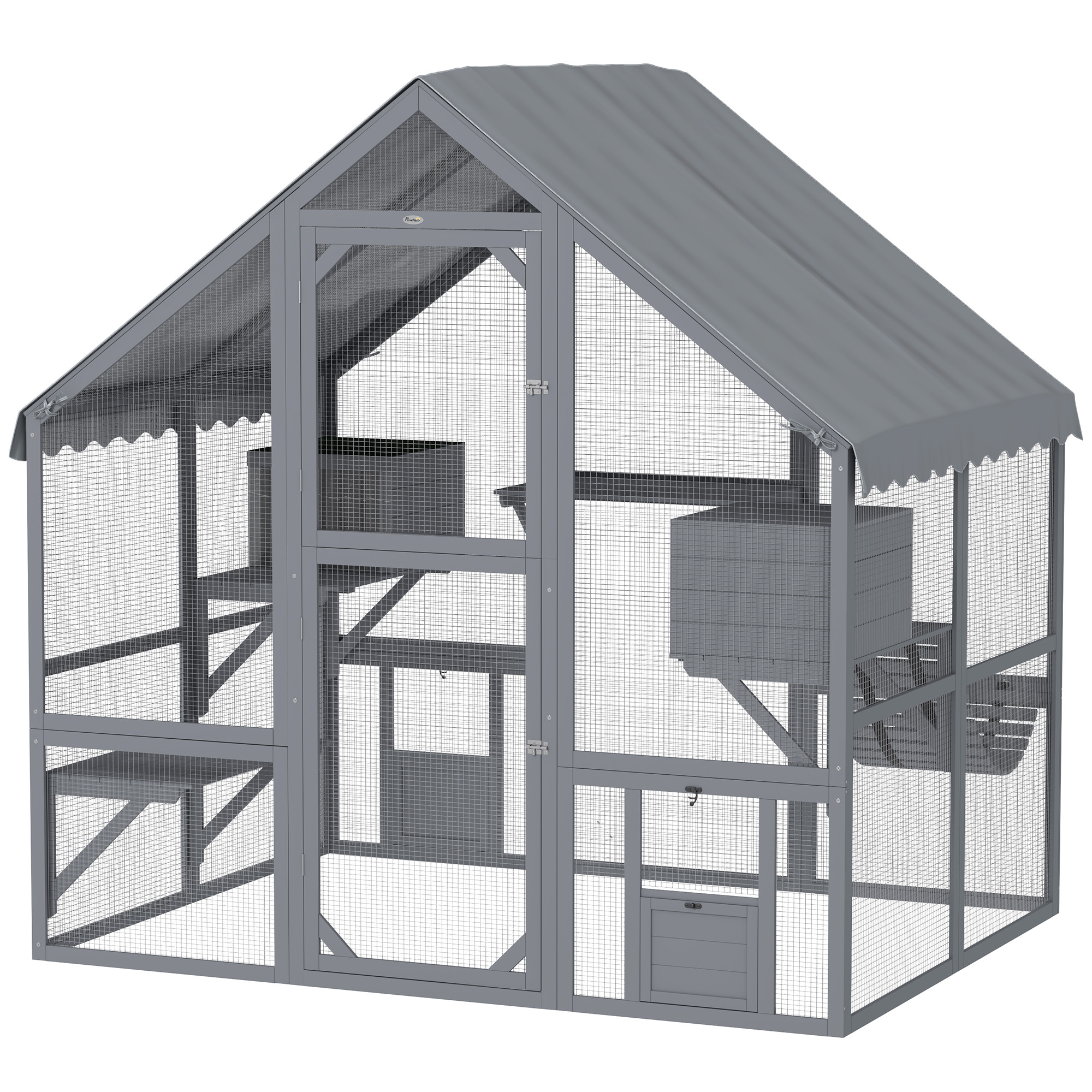 PawHut Wooden Catio Outdoor Cat Enclosure with Waterproof Cover, 2 Condos, 4 Platforms, Bridge, Doors, Gray