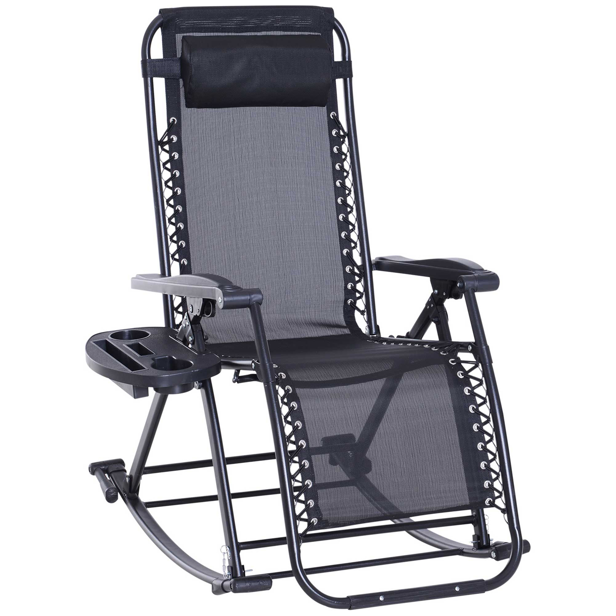 Outsunny Outdoor Rocking Chairs, Foldable Reclining Zero Gravity Lounge Rocker with Pillow, Cup & Phone Holder, Combo Design with Folding Legs, Black