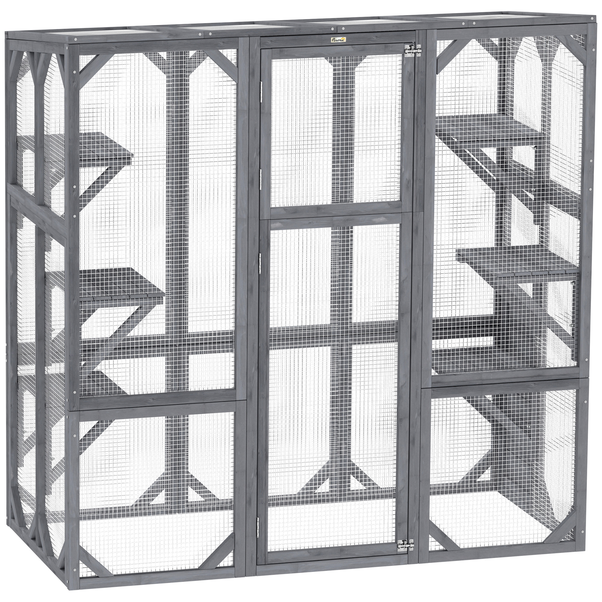 PawHut Large Wooden Catio Outdoor with 6 Jumping Platforms, Weatherproof Roof, for 1-3 Cats, 59" x 28" x 60", Gray