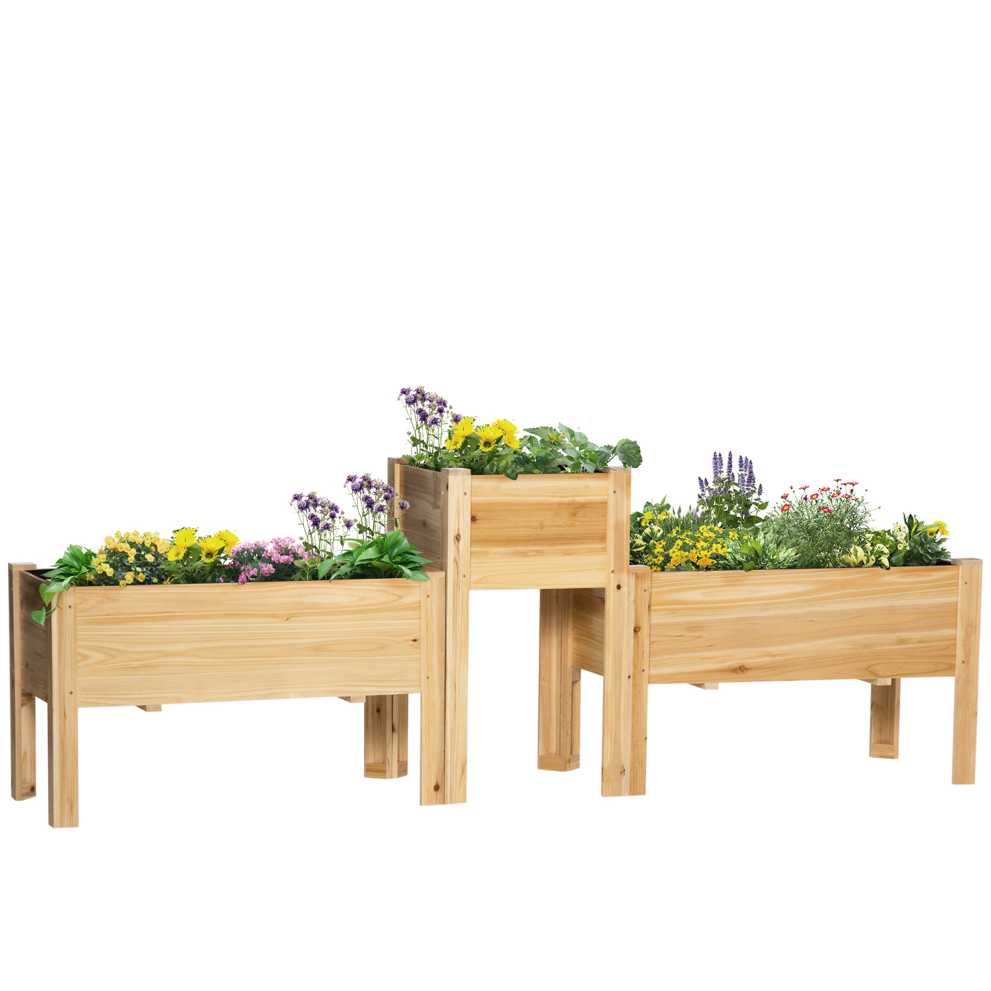 Outsunny Raised Garden Bed Set of 3, Wooden Elevated Planter Box with Legs and Bed Liner, Natural