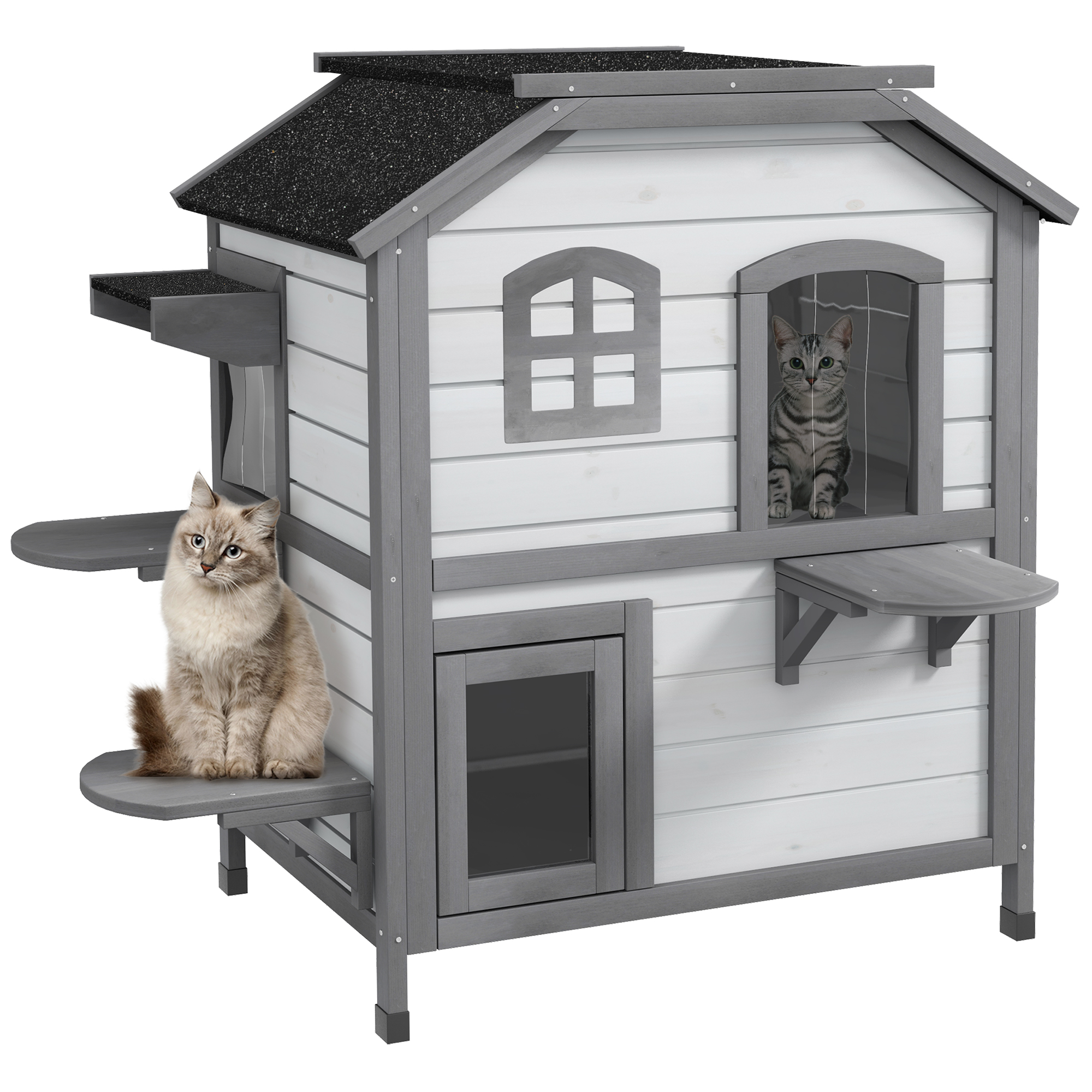 PawHut Wooden 2-Story Outdoor Cat House, Feral Cat Shelter Kitten Condo with Openable Asphalt Roof and 4 Platforms, White