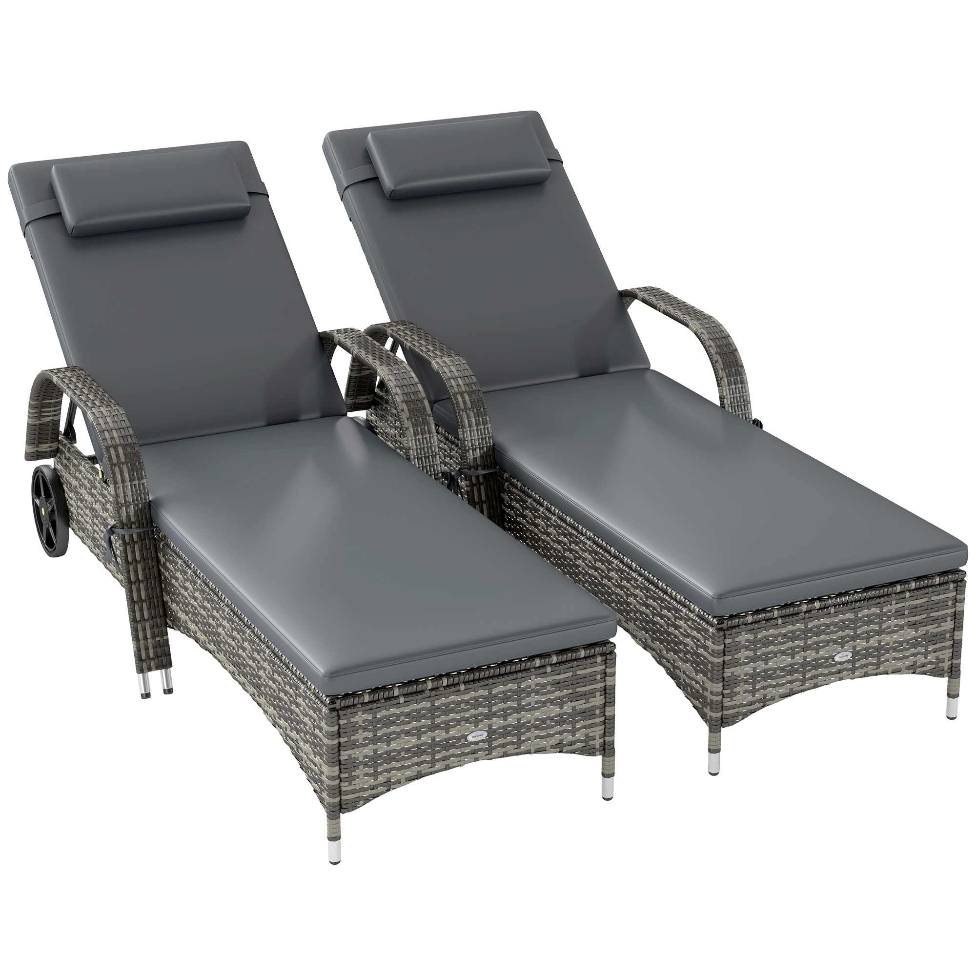 Outsunny 2 Reclining Chaise Lounge Chairs, Rolling Outdoor Chairs with Cushion, Pillow, Headrest, Armrests, and Wheels, Gray