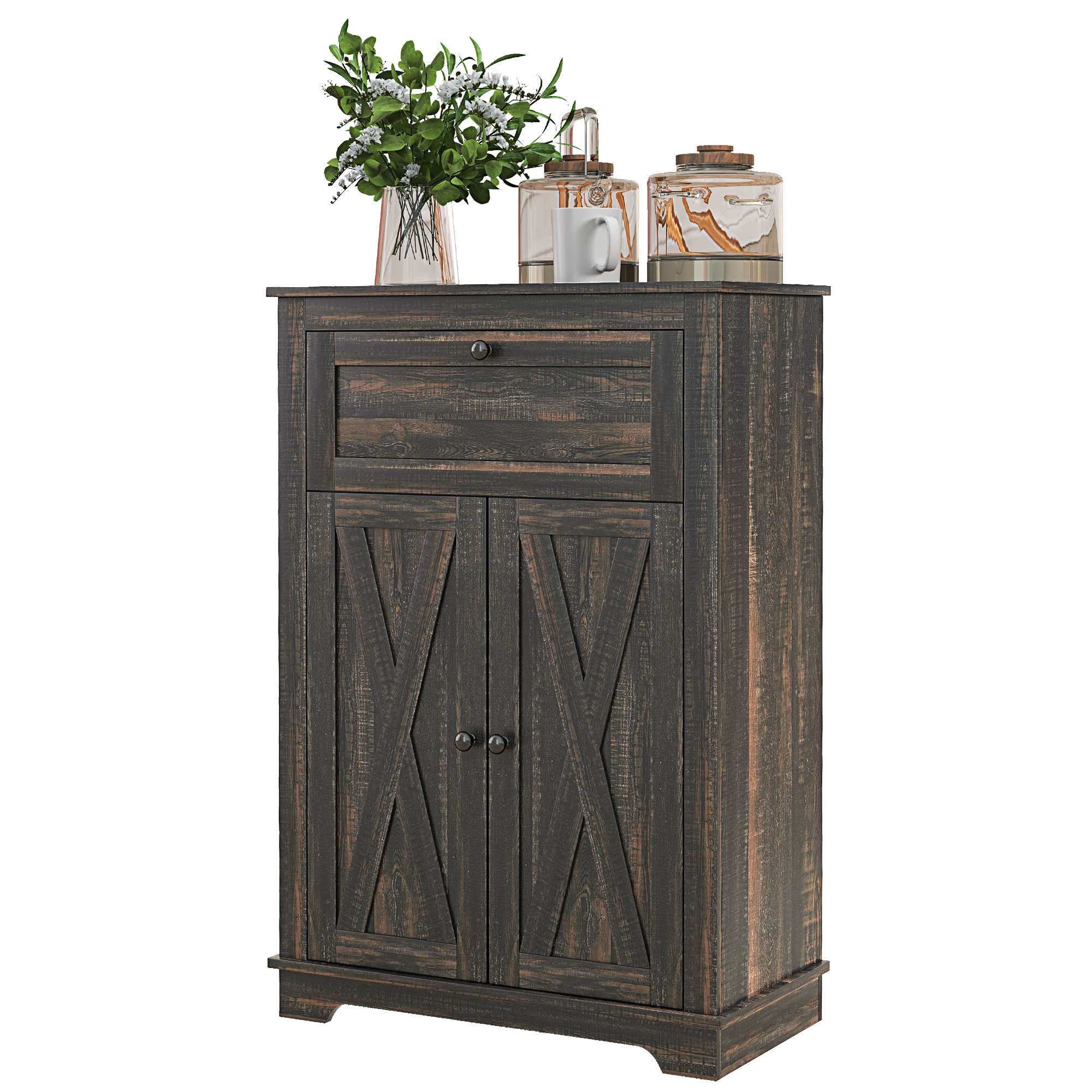 HOMCOM Farmhouse Sideboard Storage Cabinet with Doors and Drawer for Kitchen, Living room, 23.5"x11.75"x34.5", Dark Brown