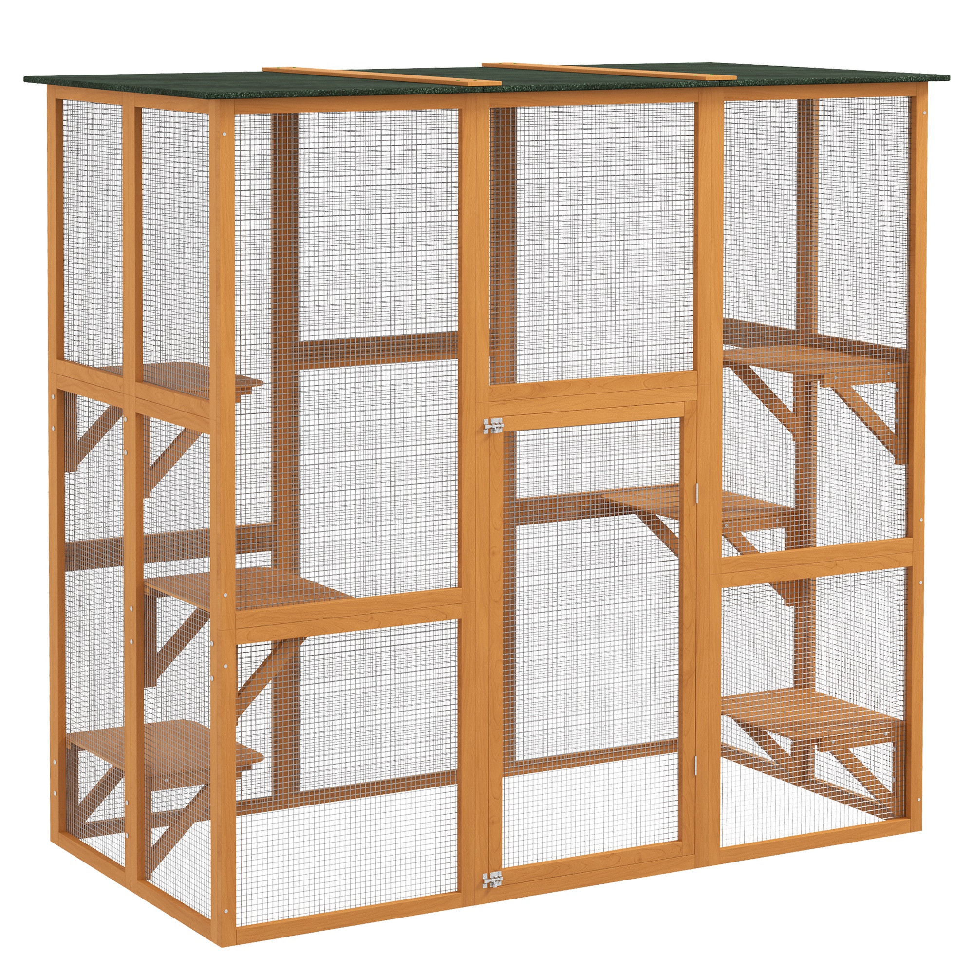 PawHut Outdoor Cat House Big Catio Wooden Feral Cat Shelter Enclosure with Large Spacious Interior, 6 High Ledges, Weather Protection Asphalt Roof, 71