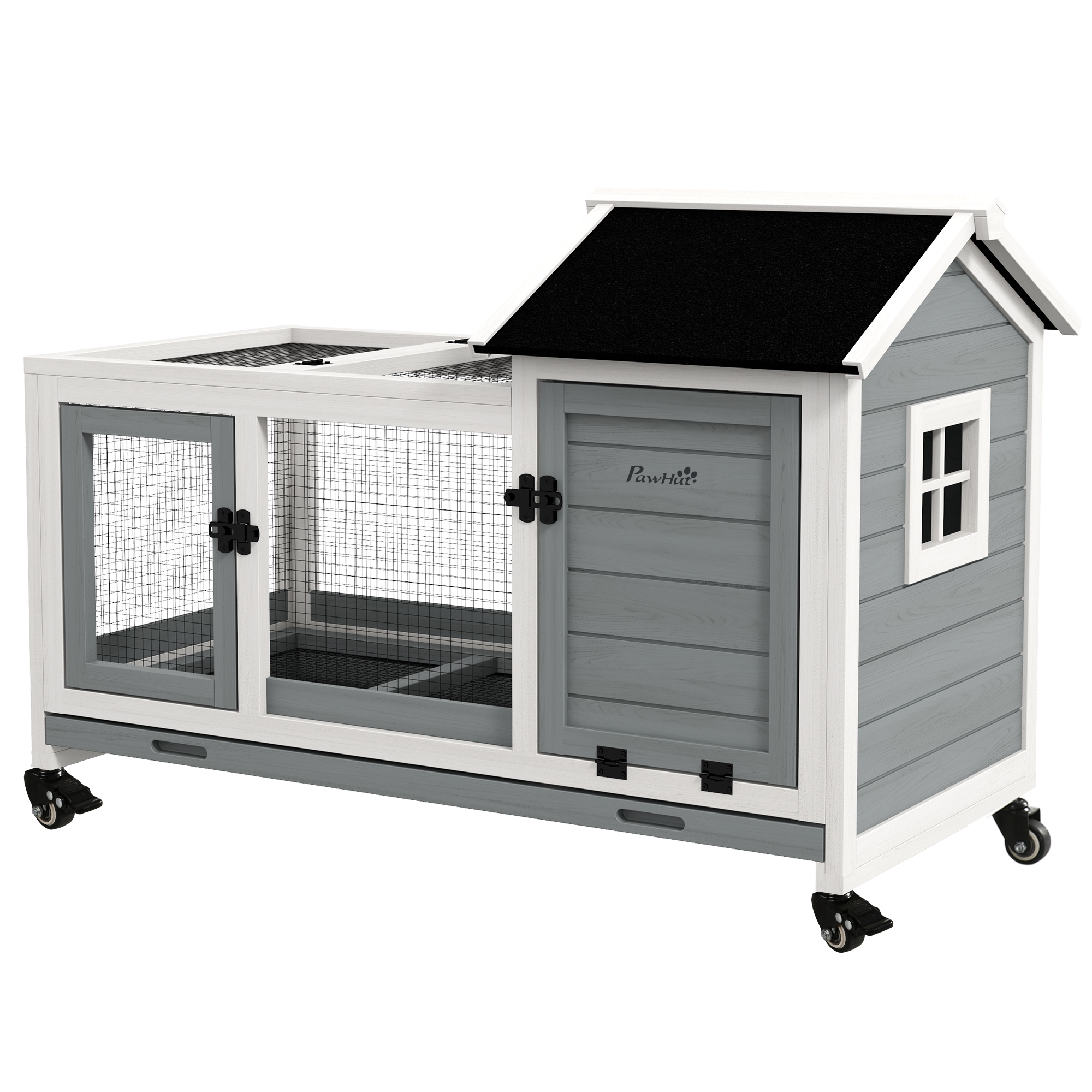 PawHut Wooden Rabbit Hutch with Wheels, Run, Slide-out Tray for Small Animals, Guinea Pig, Blue