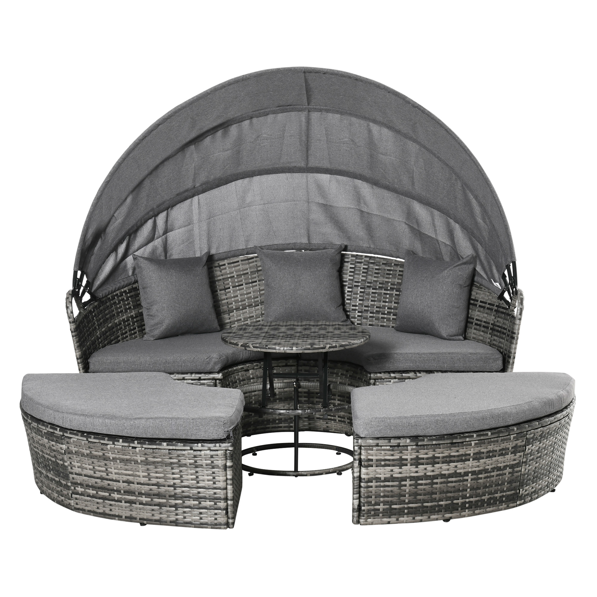 Outsunny 4 Piece Round Rattan Daybed, Convertible Patio Furniture Set, Adjustable Sun Canopy, Sectional Outdoor Sofa, Gray
