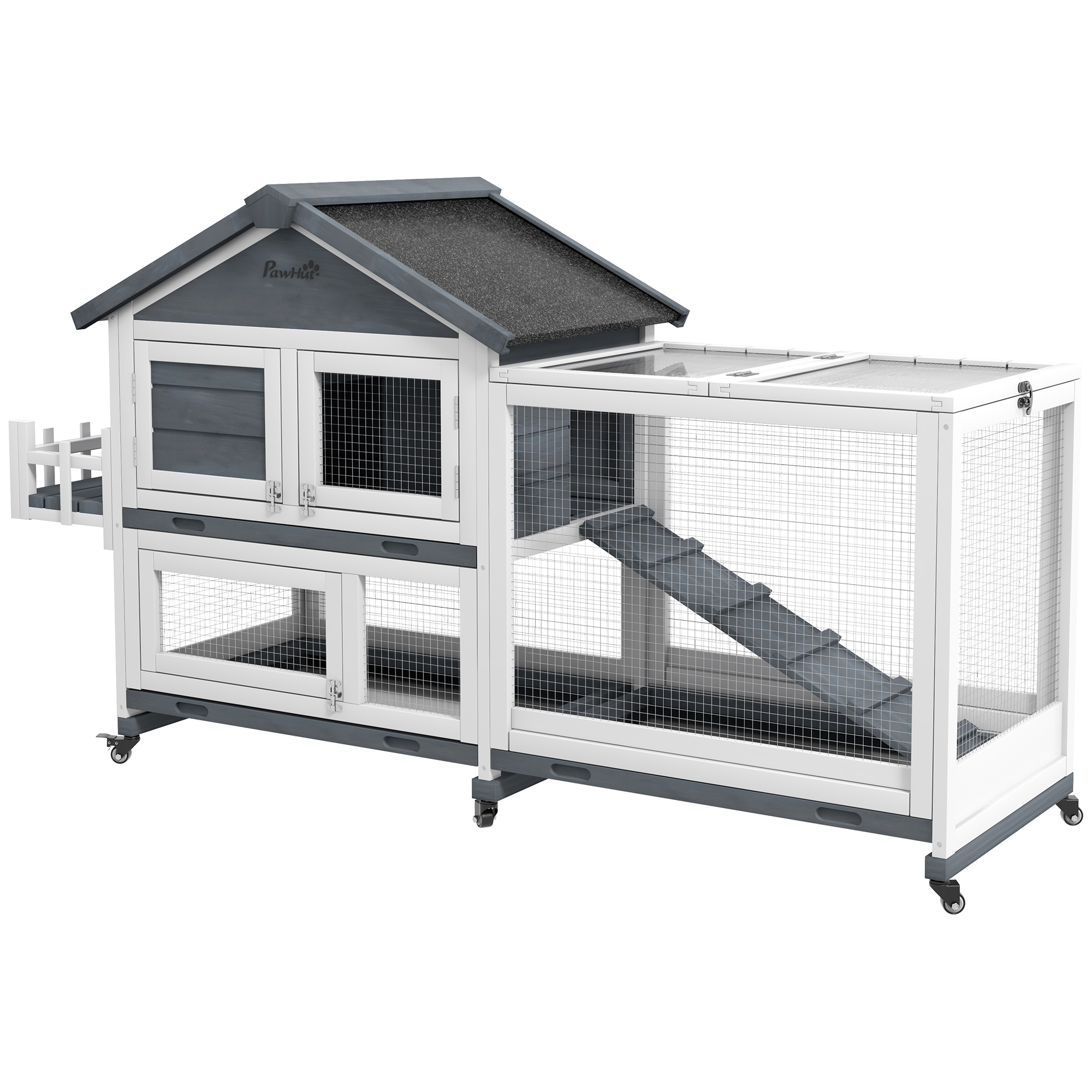 PawHut 65" Wooden Rabbit Hutch, Pet Playpen with Openable Roof & Storage Box for Rabbits and Small Animals, Gray
