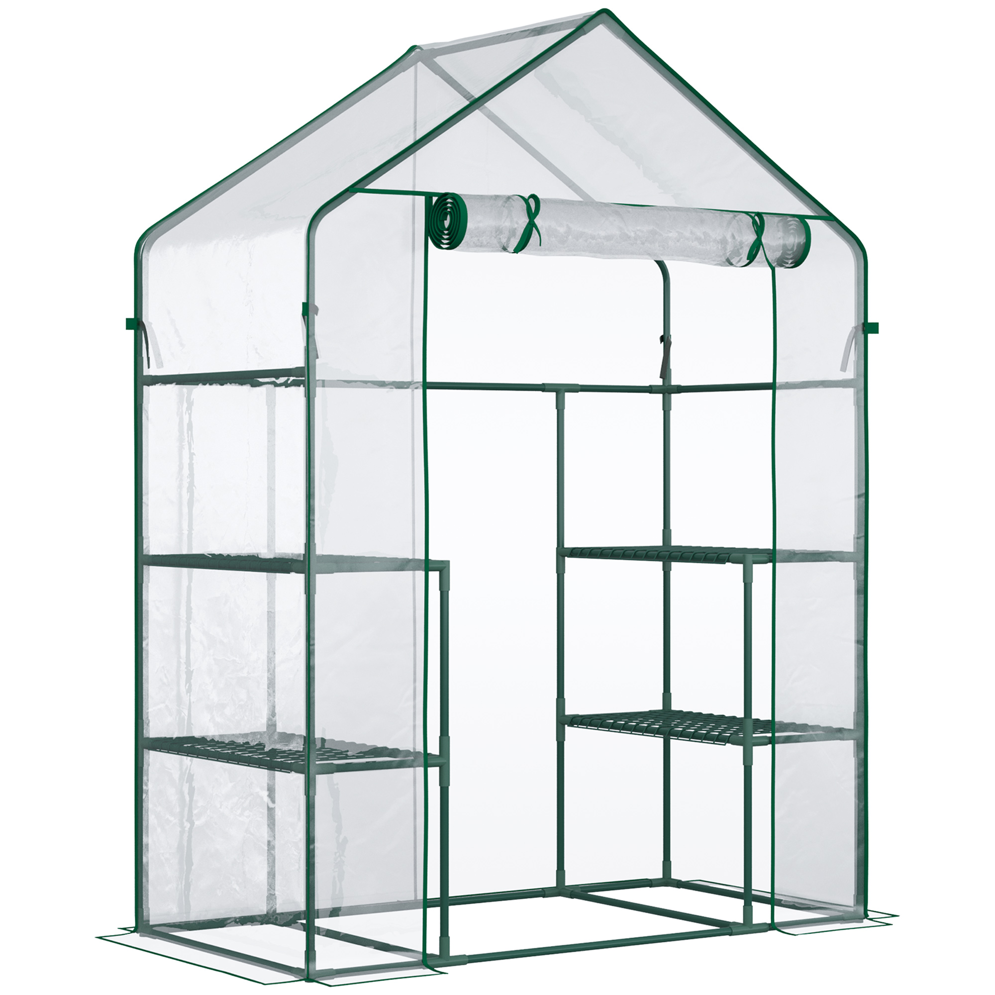 Outsunny 5' x 2.5' x 6.5' Mini Walk-in Greenhouse Kit, Portable Green House with 3 Tier Shelves, Roll-Up Door, and Weatherized Plastic Cover for Backy