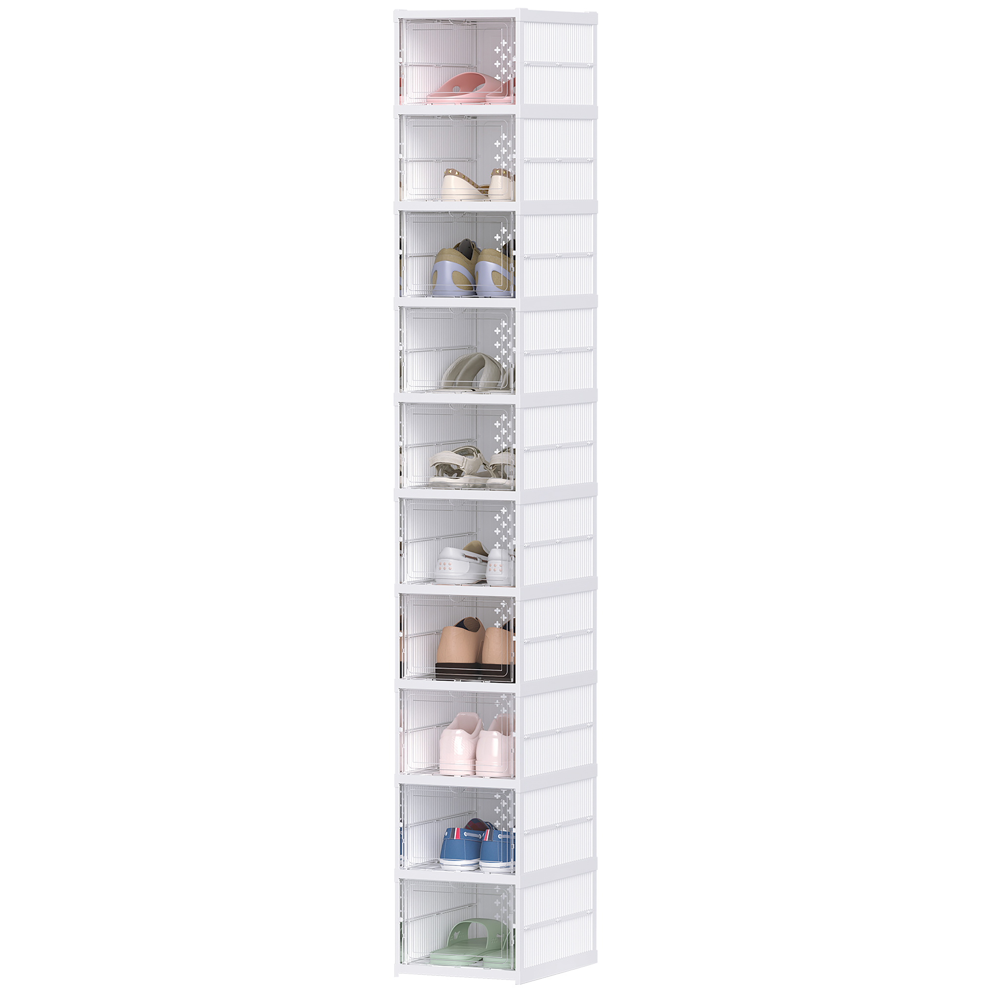 HOMCOM Stackable Plastic Shoe Boxes, 10 Pack Foldable Shoe Storage Boxes with Clear Door, No Assembly, Fit Size 10, White