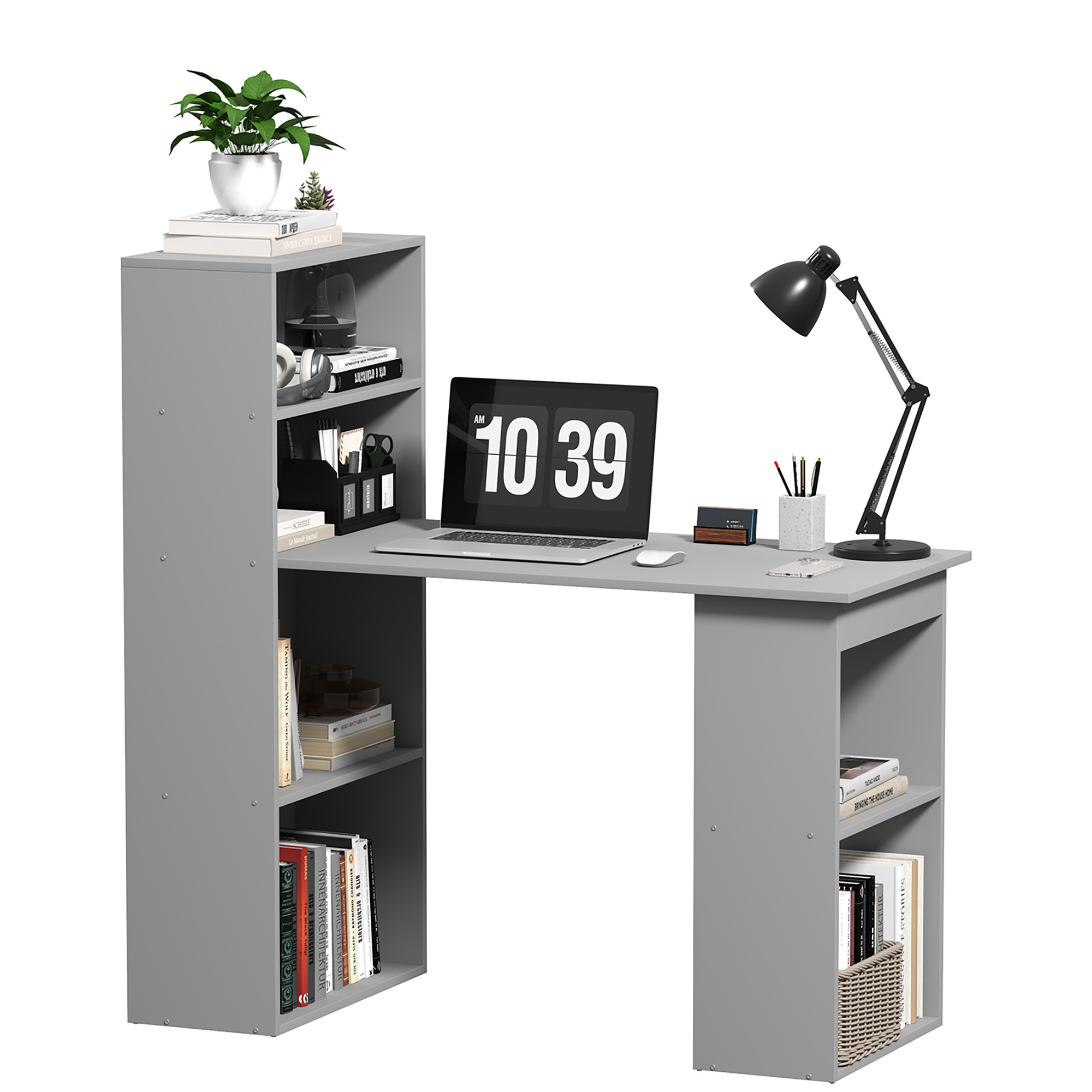 HOMCOM Compact Computer Desk with 6-Tier Storage Shelves, Writing Table Workstation with Bookshelf for Home Office, Gray