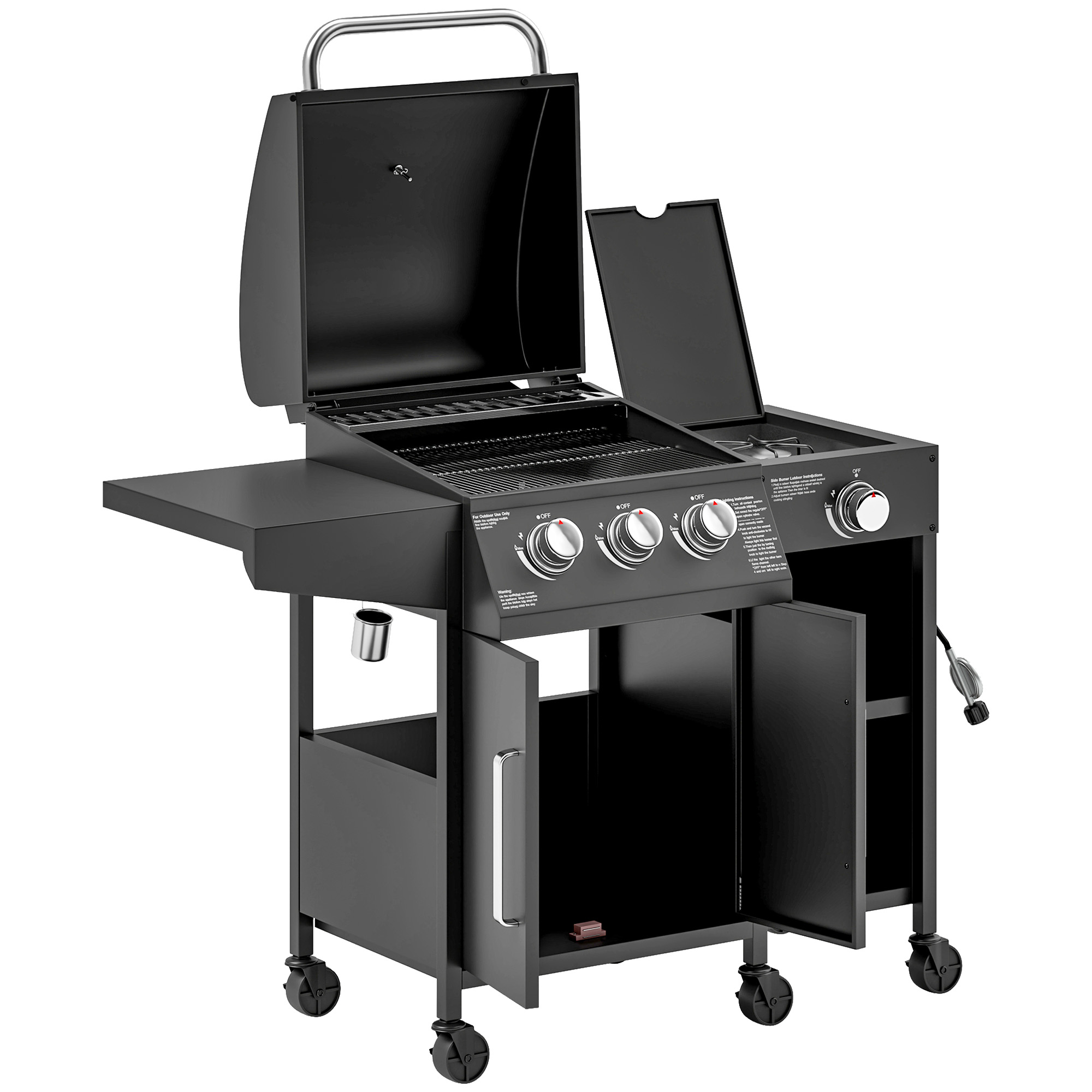 Outsunny 3 Burner Propane Gas Grill with Side Burner Barbecue Grill with Shelves, 9.5 KW Output, 310 Sq. in. Cooking Area