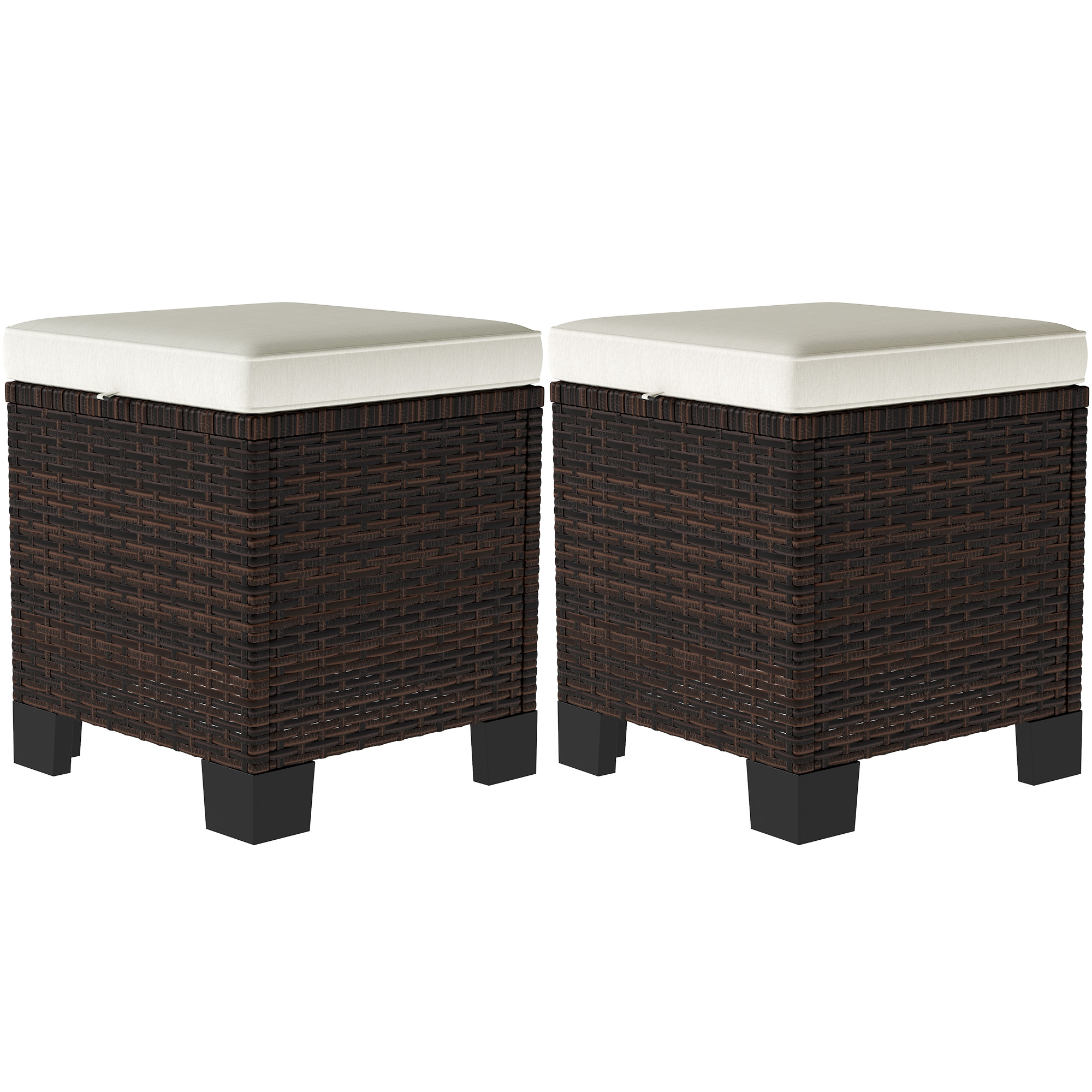 Outsunny 2 Piece Wicker Outdoor Ottomans with Cushions, Rattan Ottoman Footrest and Side Table for Patio, Yard, Poolside, Beige