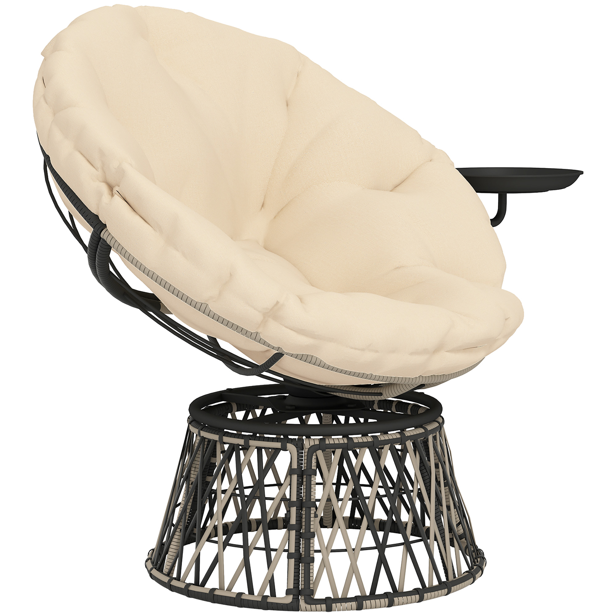 Outsunny 360° Swivel Outdoor Papasan Chair, 39" Overstuffed Circle Chair with Side Tray, Thick Cushion for Indoor Patio, Beige