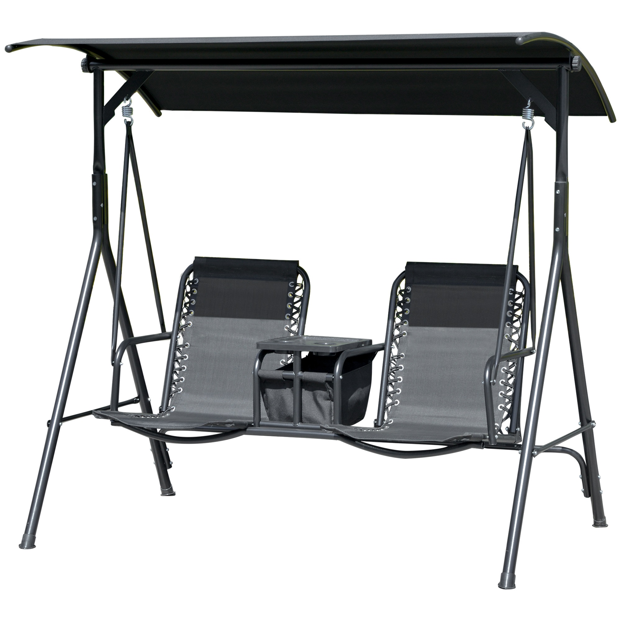 Outsunny 2-Seat Outdoor Porch Swing, with Pivot Storage Table, Cup Holder, & Adjustable Overhead Canopy, Stand's Skid-Resistant Feet Pad, Breathable M