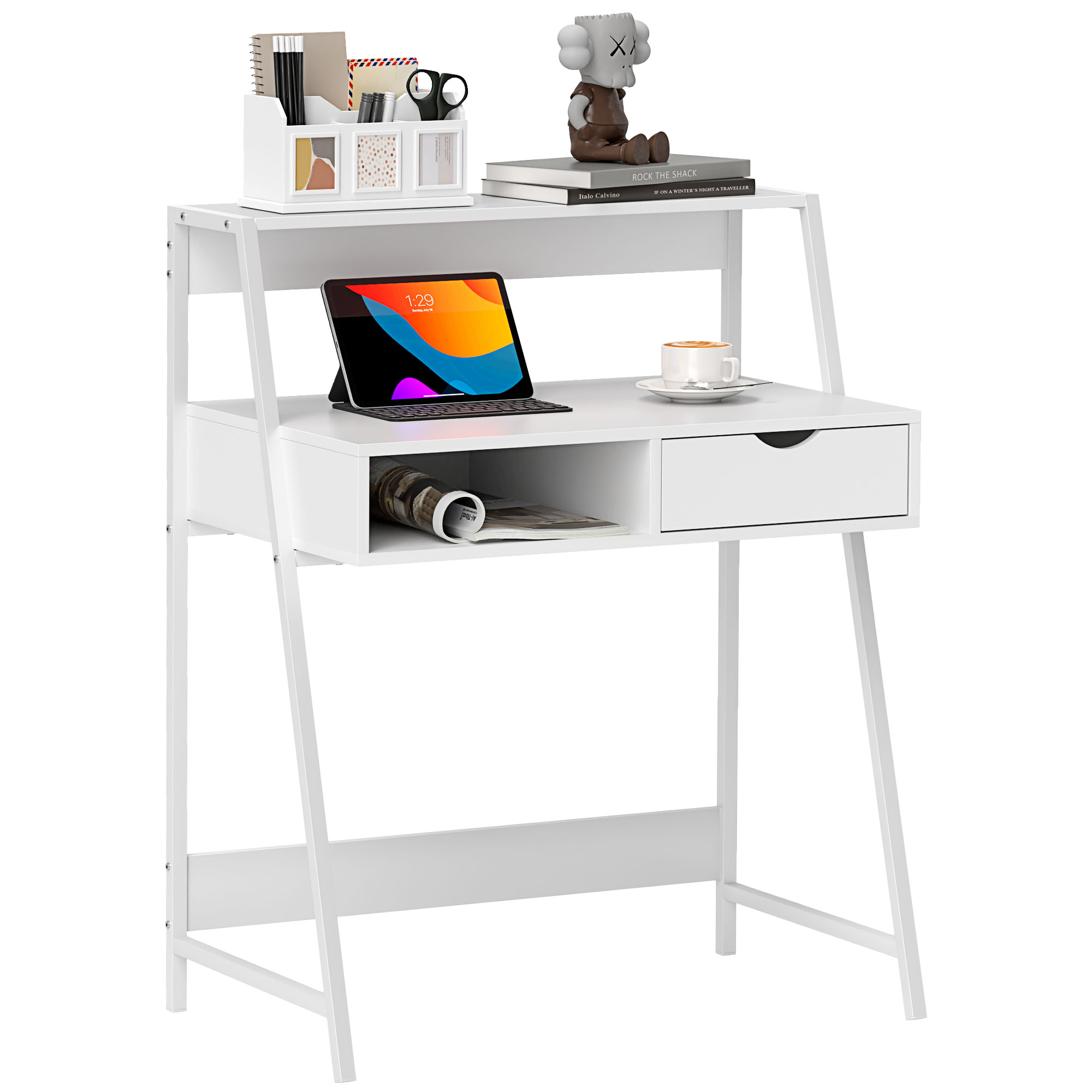 HOMCOM Home Office desk, Computer Desk for Small Spaces, Study Table with Drawer and Storage Shelves, White
