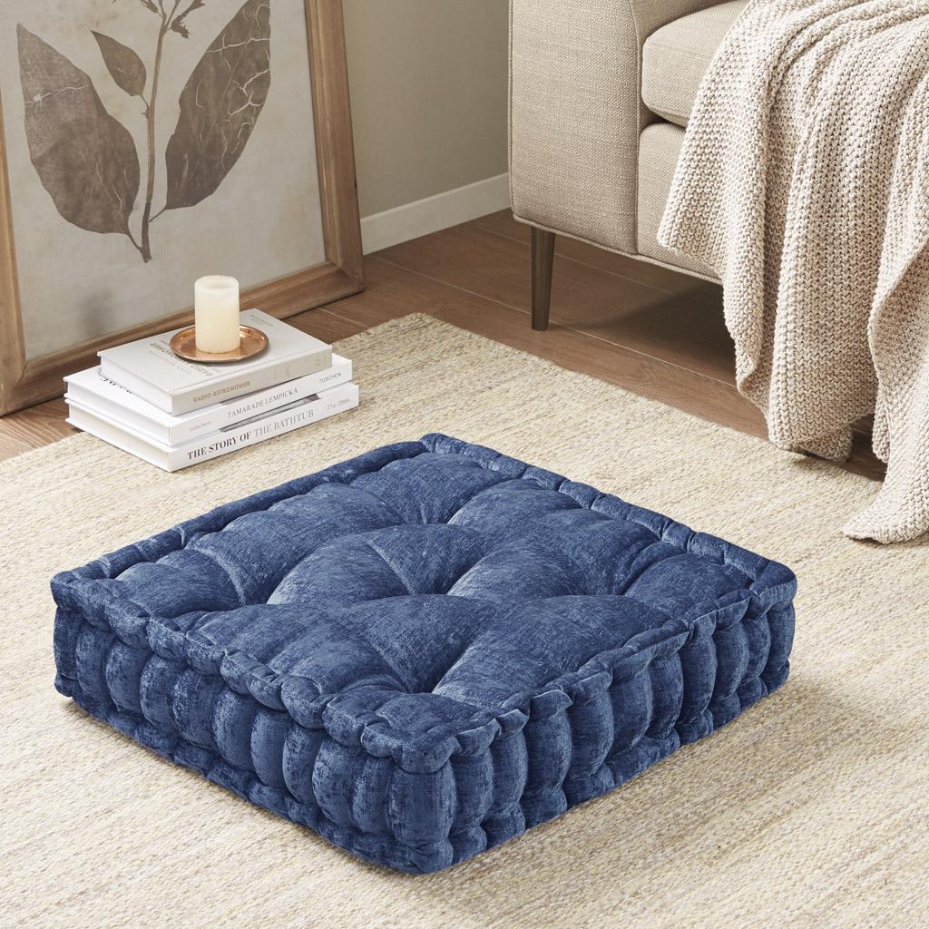 Textured Chenille Square Floor Pillow Cushion with Tufted Detailing, Scalloped Edge, Hypoallergenic 100% Polyester, 20" L x 20" W x 5" H", Navy