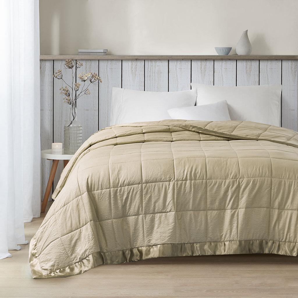 Oversized Hypoallergenic Down Alternative Blanket with Satin Trim, Moisture-Wicking, Machine Washable, 96" L x 90" W x 0.25" H, Taupe