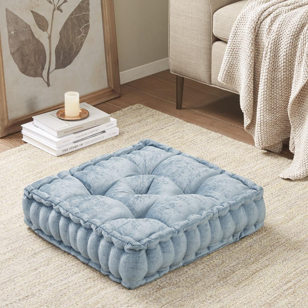 Textured Chenille Square Floor Pillow Cushion with 100% Hypoallergenic Polyester, Tufted Detailing, Scalloped Edge, 20" L x 20" W x 5" H, Aqua