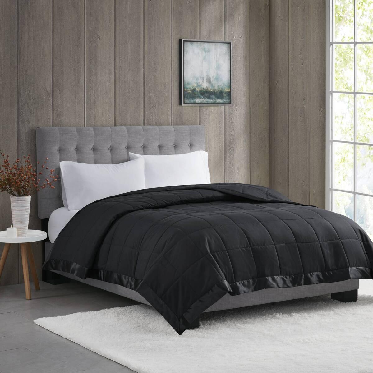 Twin Size Lightweight Down Alternative Blanket with Satin Trim, 3M Scotchgard Treatment, Machine Washable, 90" L x 68" W x 0.25" H, Black