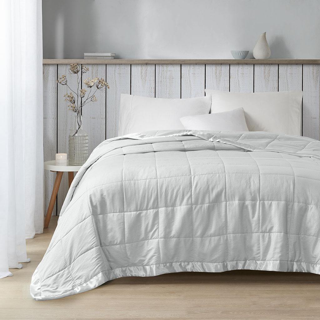 Oversized Hypoallergenic Down Alternative Blanket with Satin Trim, 3M Scotchgard Treatment, Machine Washable, 108" L x 96" W x 0.25" H, Gray