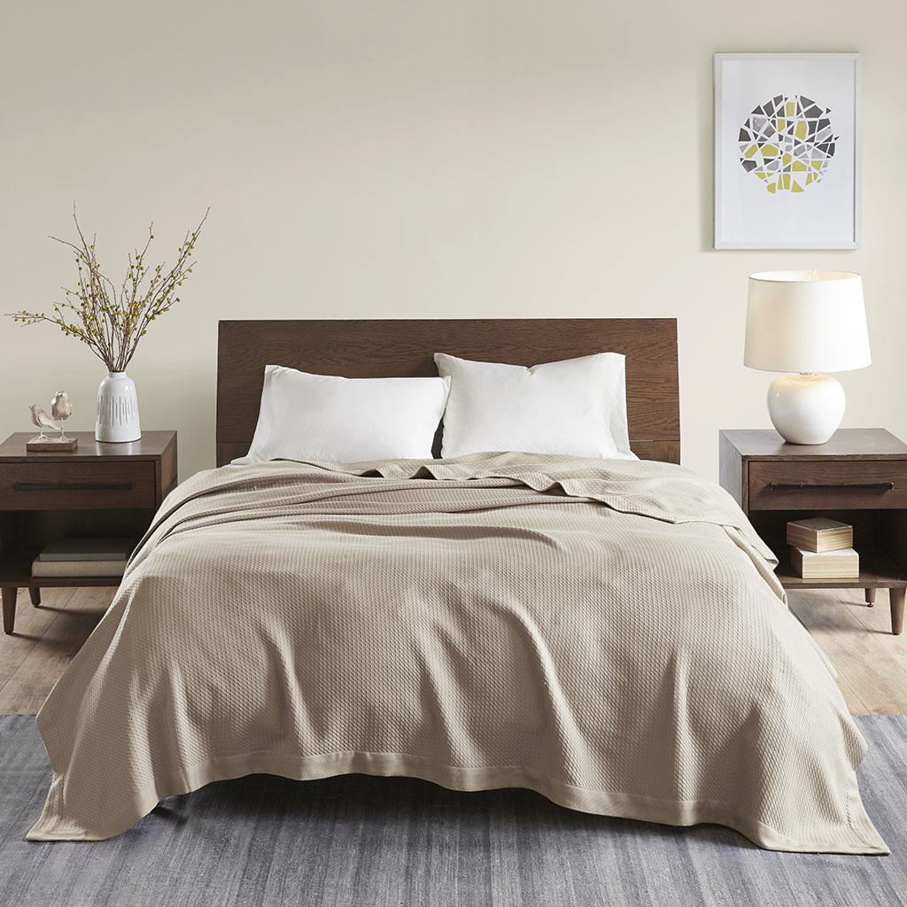 Full/Queen Size Egyptian Cotton Blanket with Breathable Weave, OEKO-TEX Certified, Ideal for Any Home Decor, 90" L x 90" W x 0.25" H, Khaki