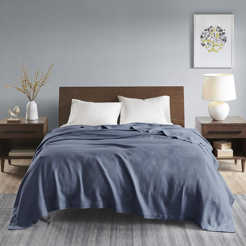 Ultra-Soft Egyptian Cotton Blanket with OEKO-TEX Certified, Breathable Weave, Machine Washable, 90" L x 90" W x 0.25" H, Blue