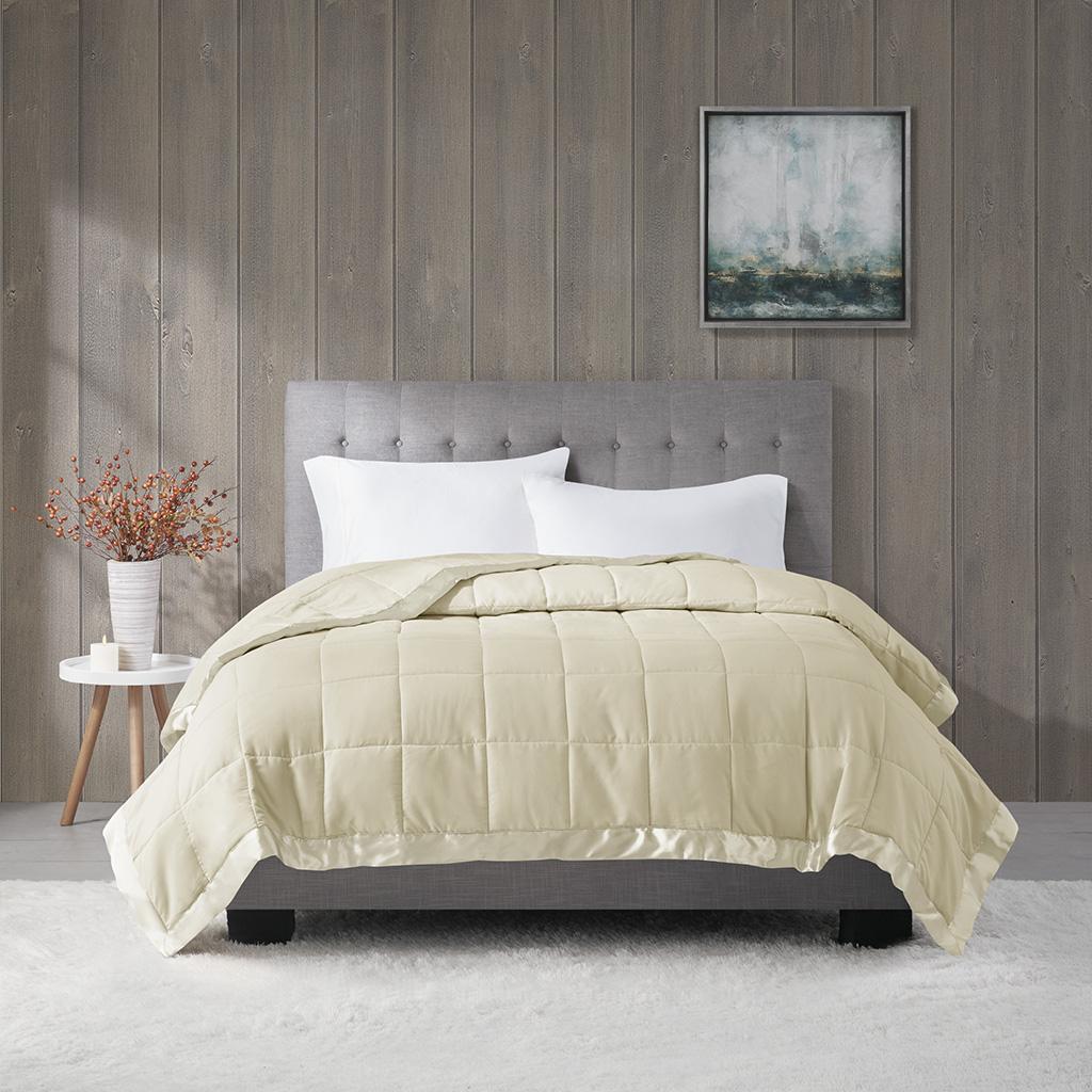 King Size Lightweight Down Alternative Blanket with Satin Trim, 3M Scotchgard Treatment, Machine Washable, 108" L x 90" W x 0.25" H, Cream