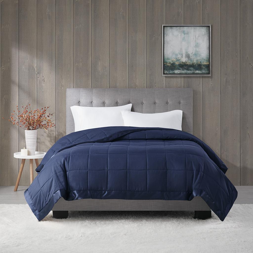 Hypoallergenic Lightweight Down Alternative Blanket with Satin Trim, 3M Scotchgard Treatment, Ideal for All Seasons, 90" L x 90" W x 0.25" H, Navy