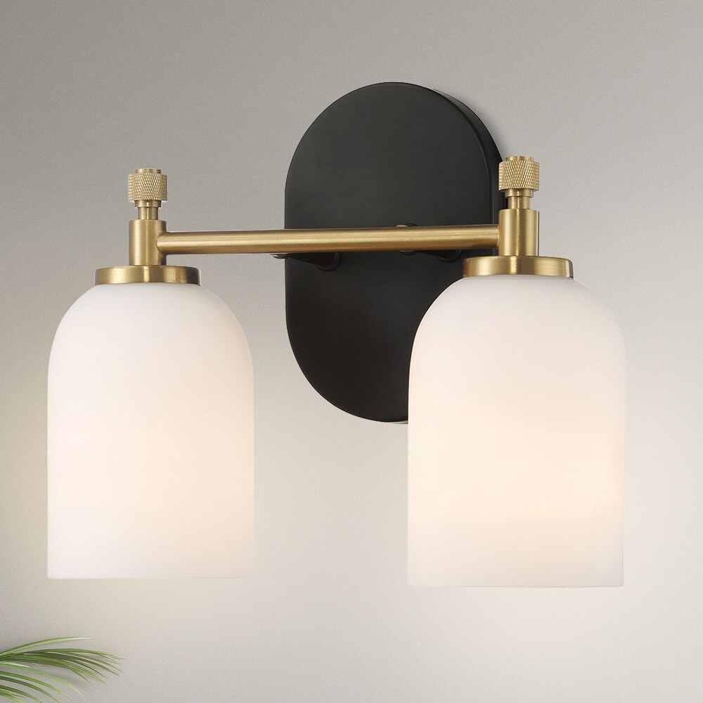 Vortex Two Lights Vanity Wall Sconce with White Frosted Glass, Traditional Style for Over Bathroom Mirror, 10.5" L x 5.5" W x 10" H, Gold+White