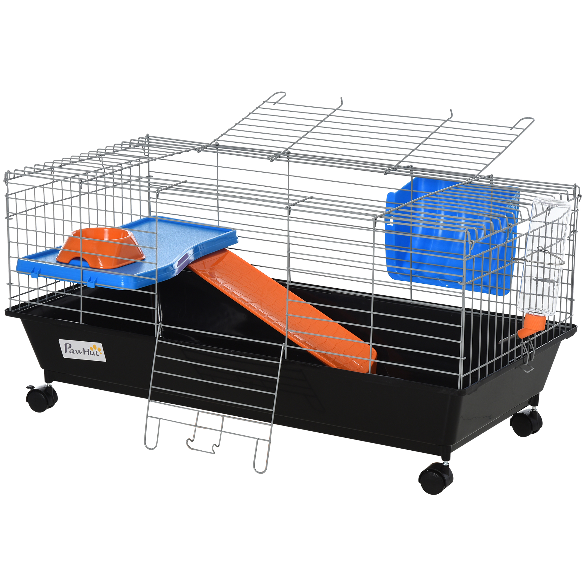 PawHut 35"L Small Animal Cage with Food Dish, Water Bottle, Hay Feeder, Platform, Ramp for Chinchilla, Black