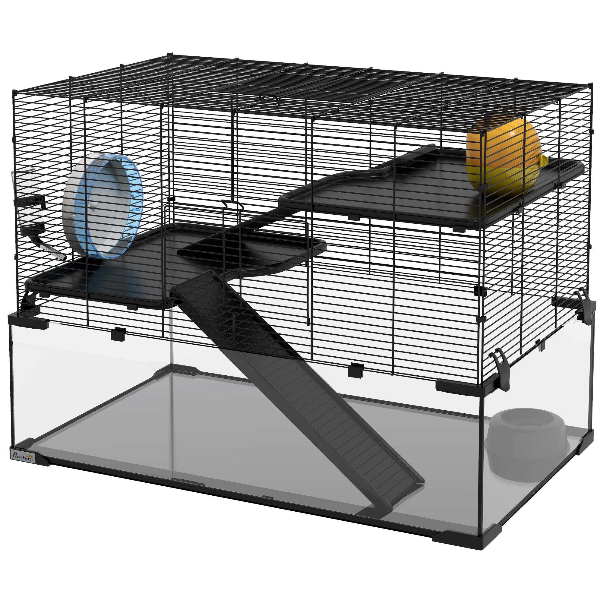 PawHut 30" Hamster Cage, Gerbil Cage with Glass Basin for Small Hamsters, Black