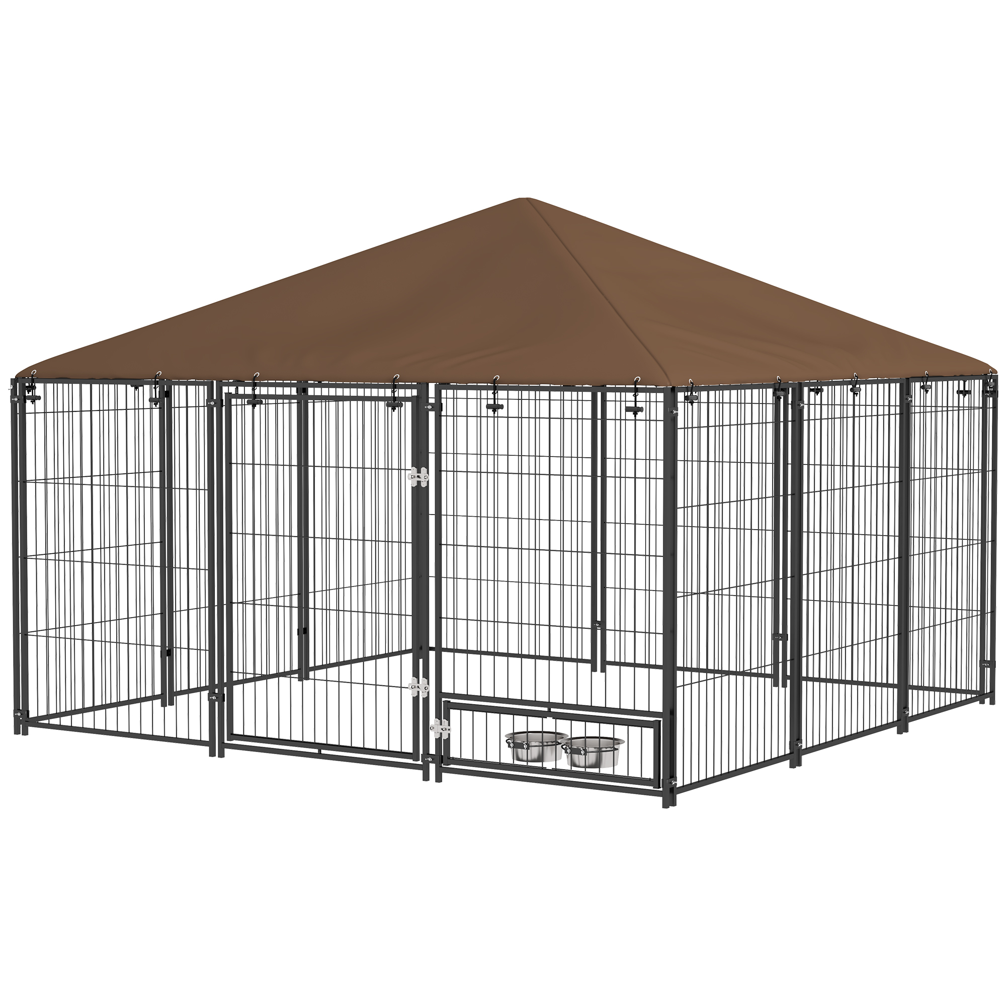 PawHut 6.9' x 6.9' x 5' Outdoor Dog Kennel with Canopy Garden Playpen Fence Crate Enclosure Cage Rotating Bowl, Coffee