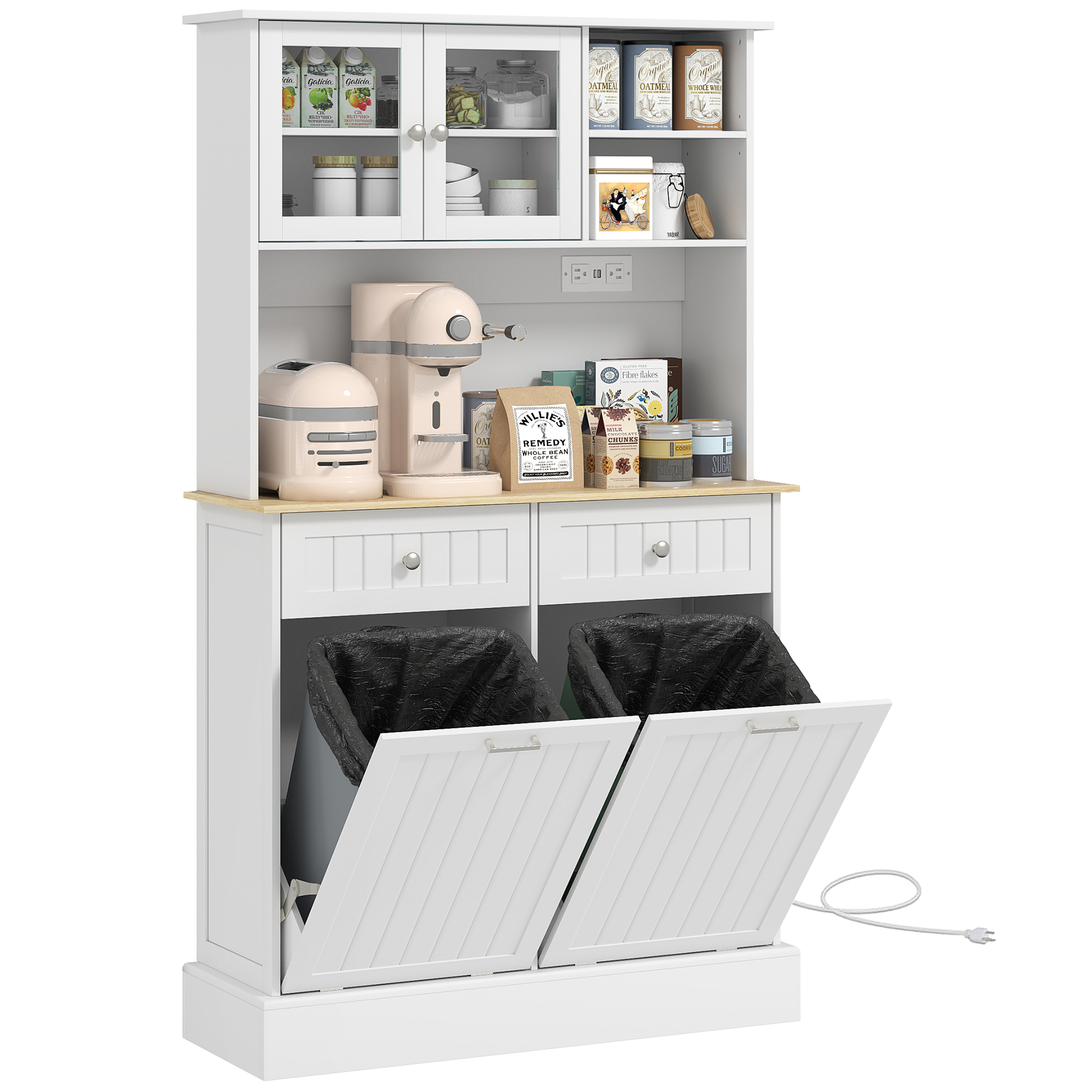 HOMCOM Kitchen Cabinet with Charging Station, 2 Tilt Out Cabinets, Microwave Stand, Freestanding Kitchen Pantry Cabinet, White