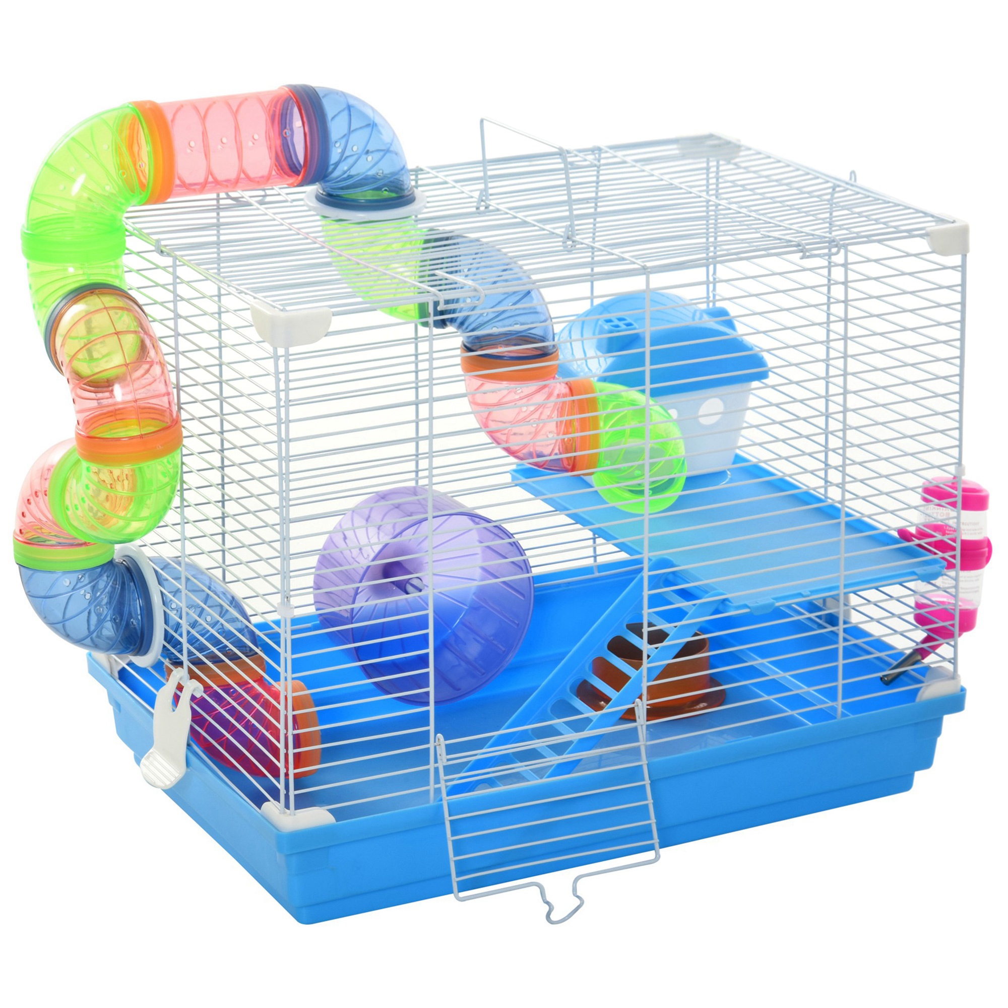 PawHut 2-Level Hamster Cage Rodent Gerbil House Mouse Mice Rat Habitat Metal Wire with Exercise Wheel, Play Tubes, Water Bottle, Food Dishes, & Interi