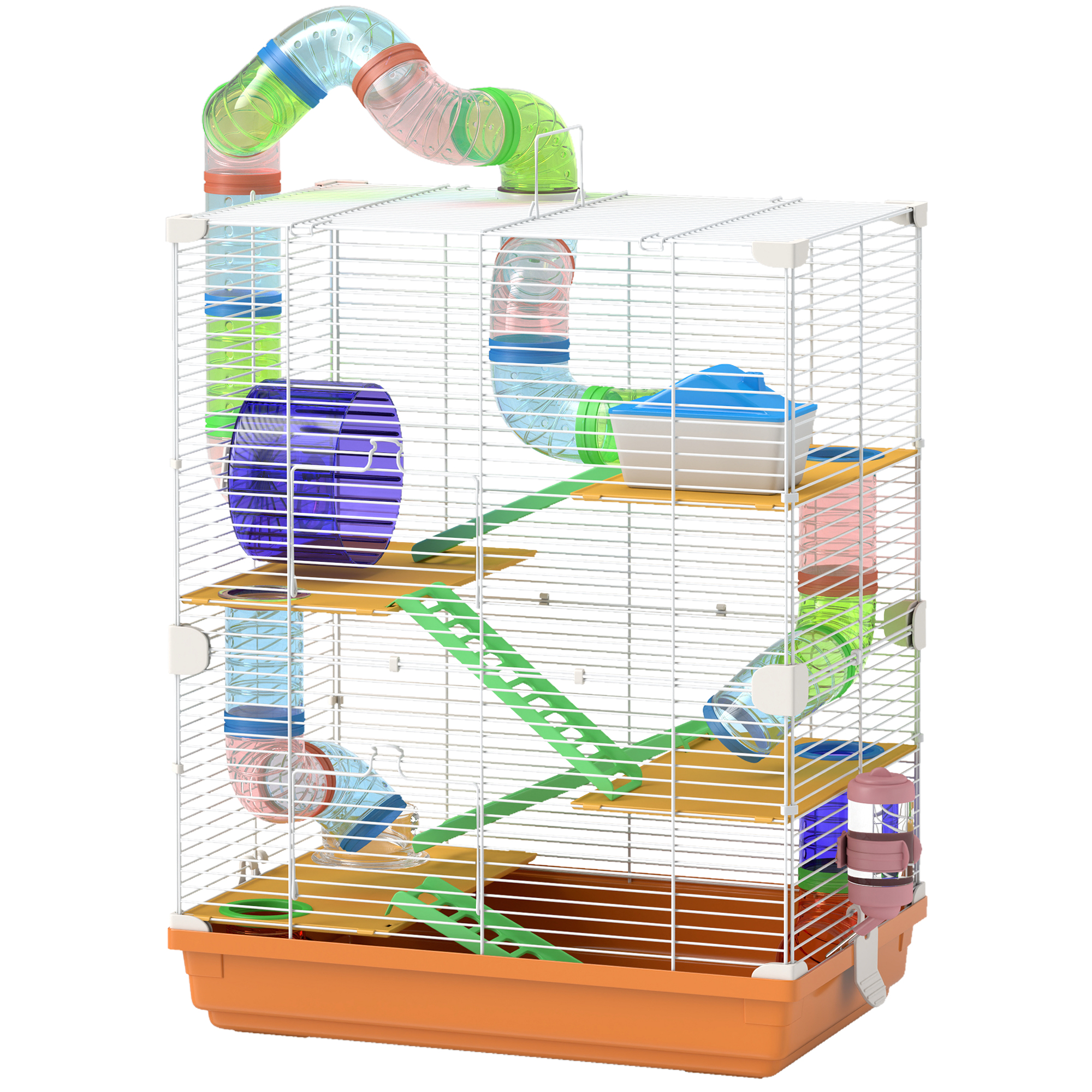 PawHut 5 Tiers Hamster Cage Portable Animal Travel Carrier w/ Exercise Wheels Tube, Orange