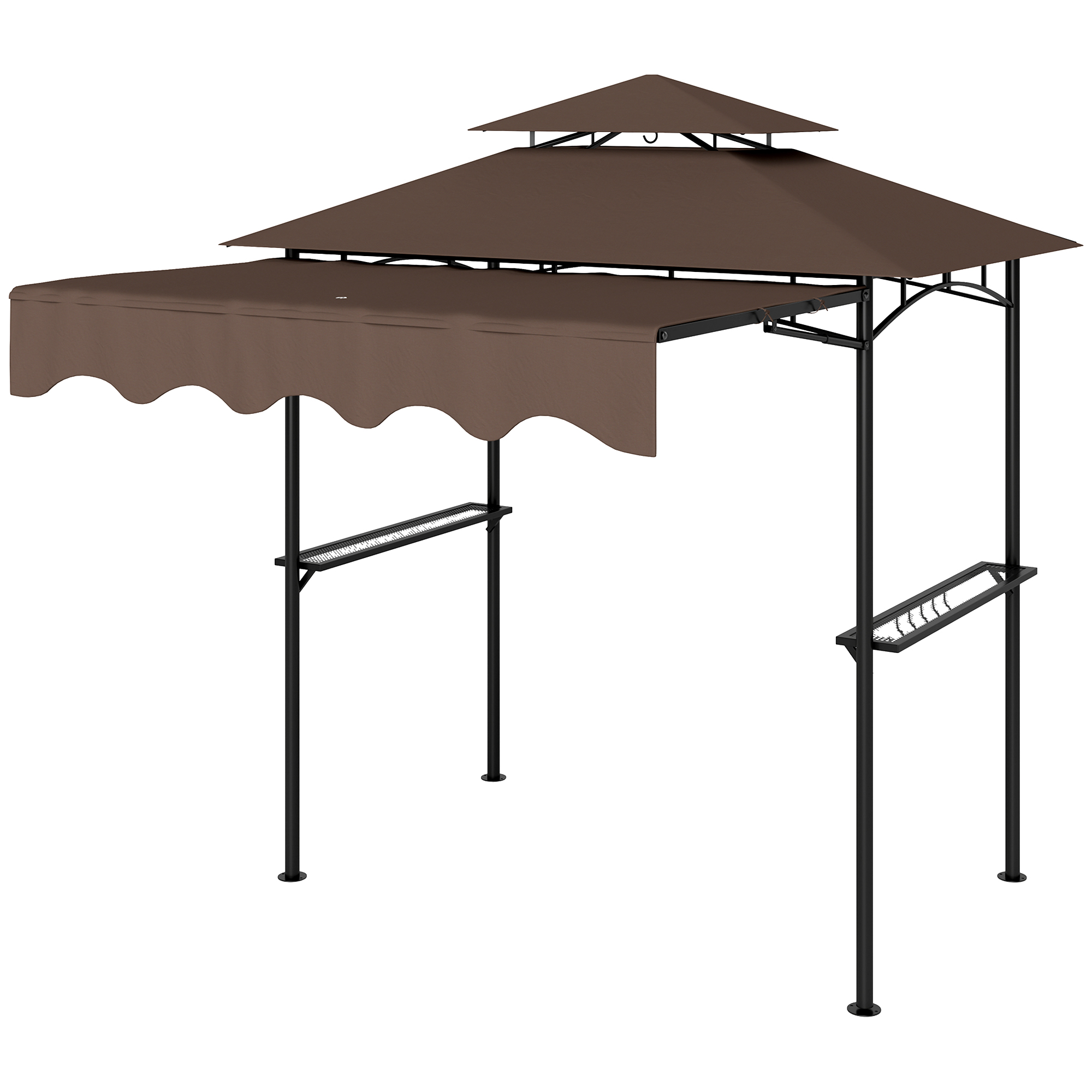 Outsunny 8' x 7.6' Outdoor Grill Gazebo, Barbecue Gazebo Shelter with Side Awning, 2 Side Shelves and 6 Hooks, Brown