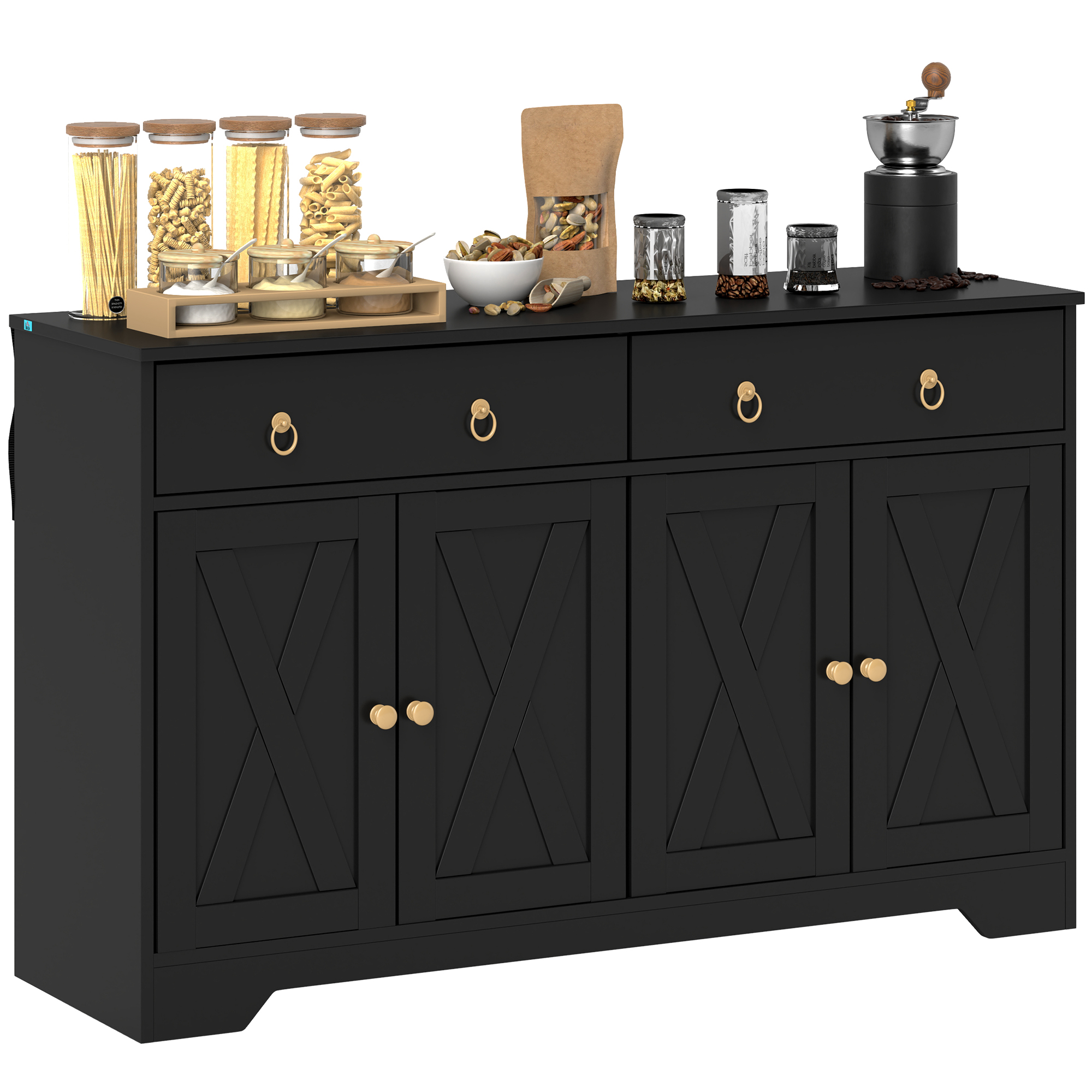 HOMCOM Kitchen Storage Sideboard, Farmhouse Buffet Cabinet with Barn Style Doors, Drawers, Adjustable Shelves, Black