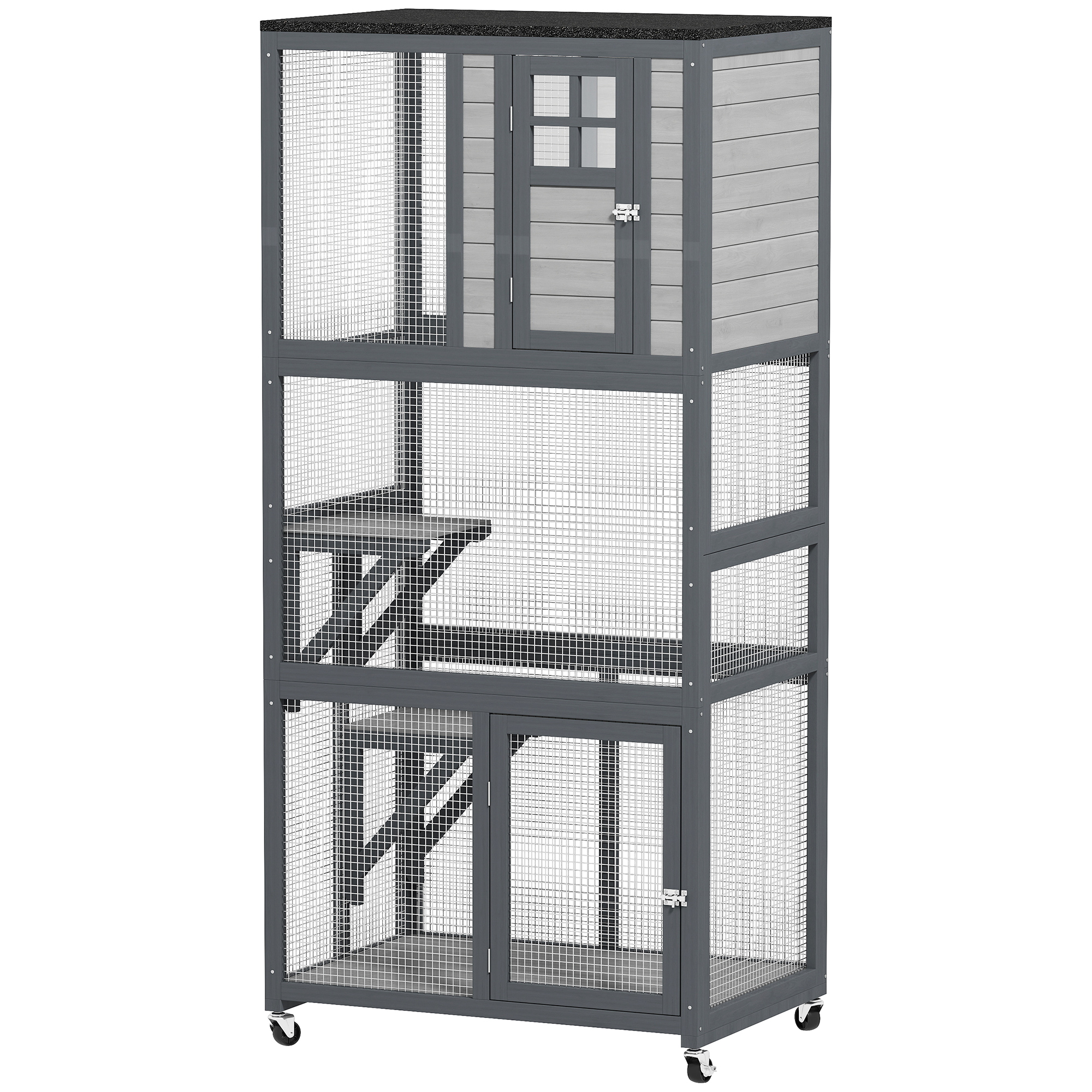 PawHut 74" Wooden Outdoor Cat House Catio with High Weight Capacity, Cat Cage Condo, Dark Gray