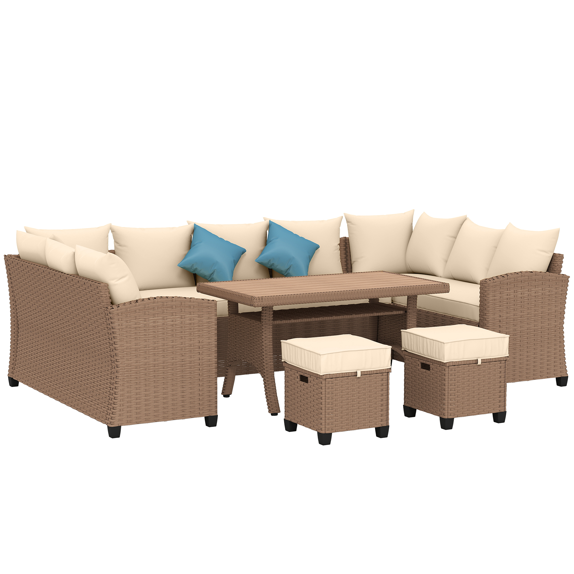 Outsunny 6 Piece Patio Furniture Set, PE Wicker Outdoor Furniture Conversation Set with 3 Sofas, 2 Ottomans and Slatted WPC Top Dining Table, All Weat