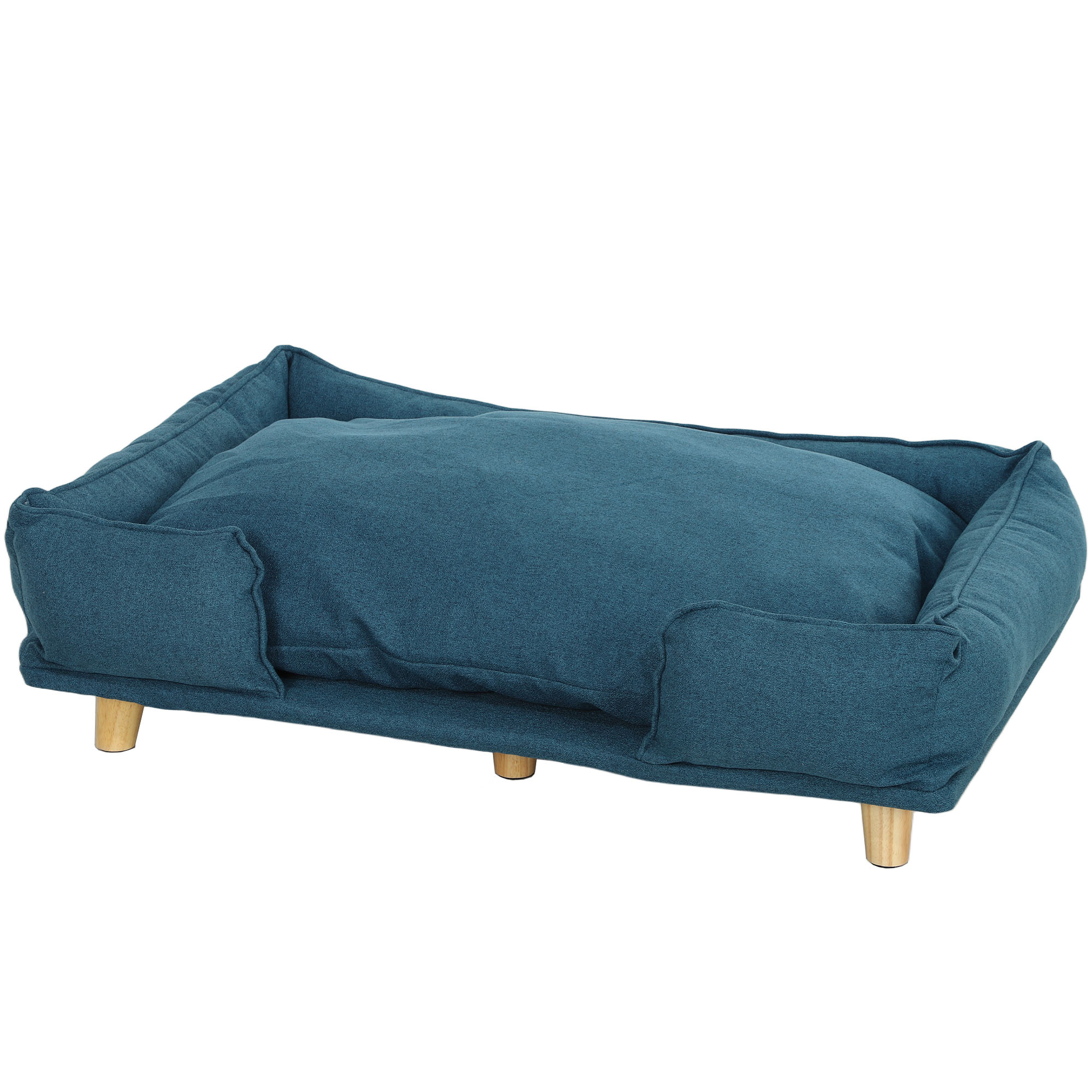 PawHut Raised Dog Couch with Comfortable Cushion, Pine Wood Legs, Foot Pads for Large-Sized Dogs Indoor Use, Dark Blue