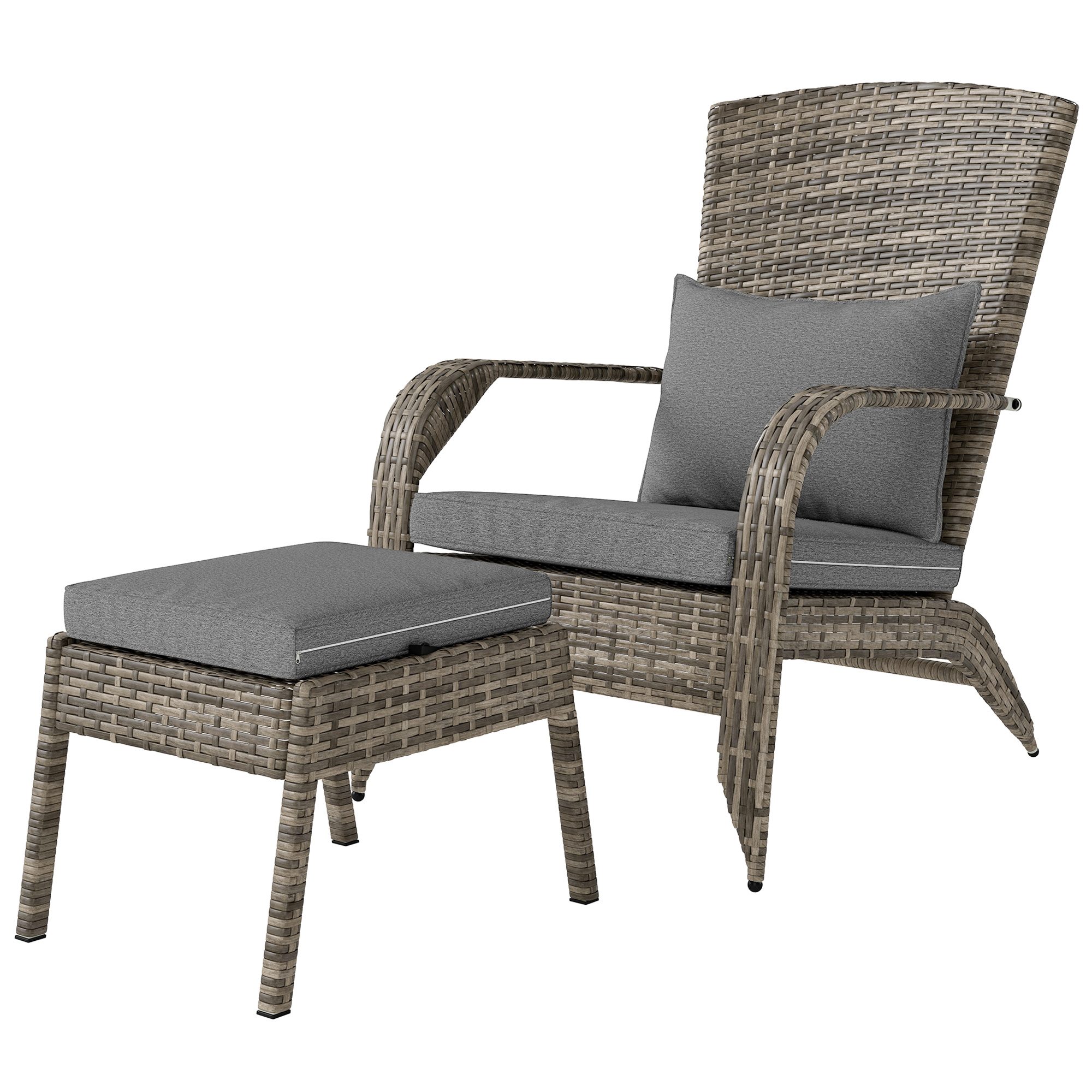 Outsunny Wicker Adirondack Chair Fire Pit Chair w/ Ottoman & Cushions, Gray