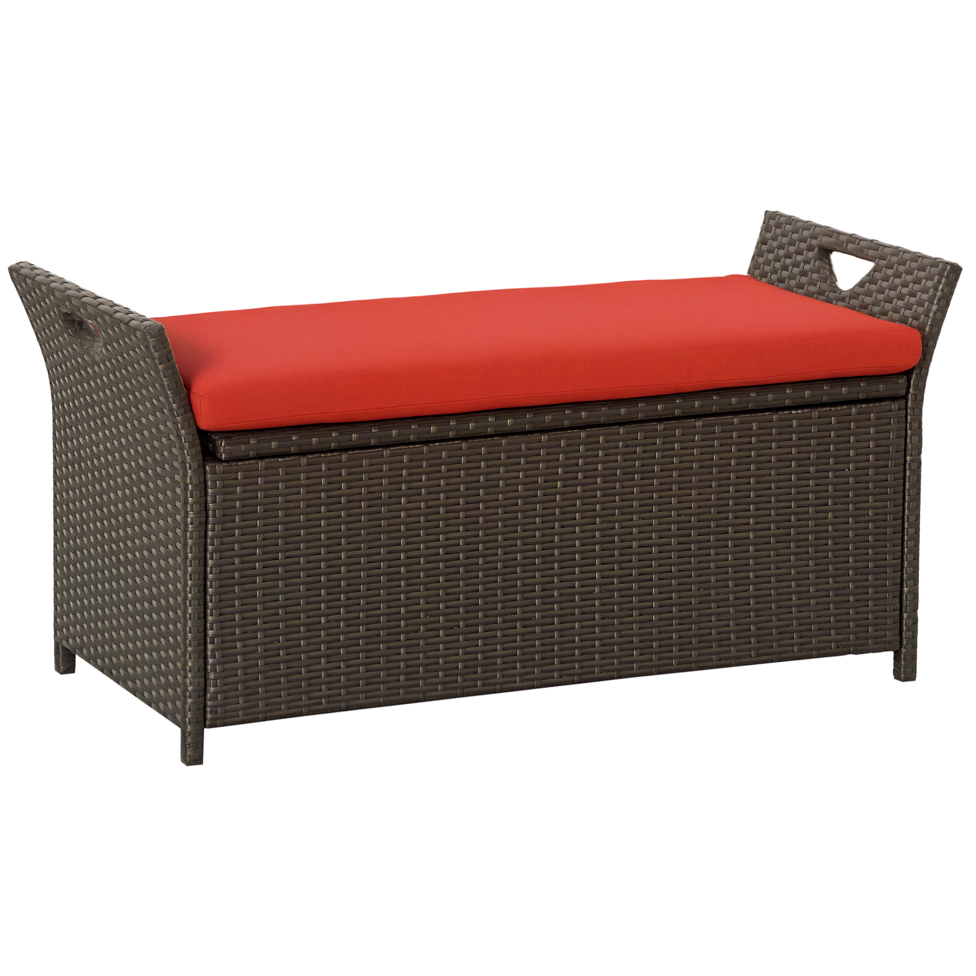 Outsunny 29 Gallon Patio Wicker Storage Bench, Outdoor PE Rattan Furniture, 2-In-1 Large Capacity Rectangle Garden Storage Box with Handles and Cushio