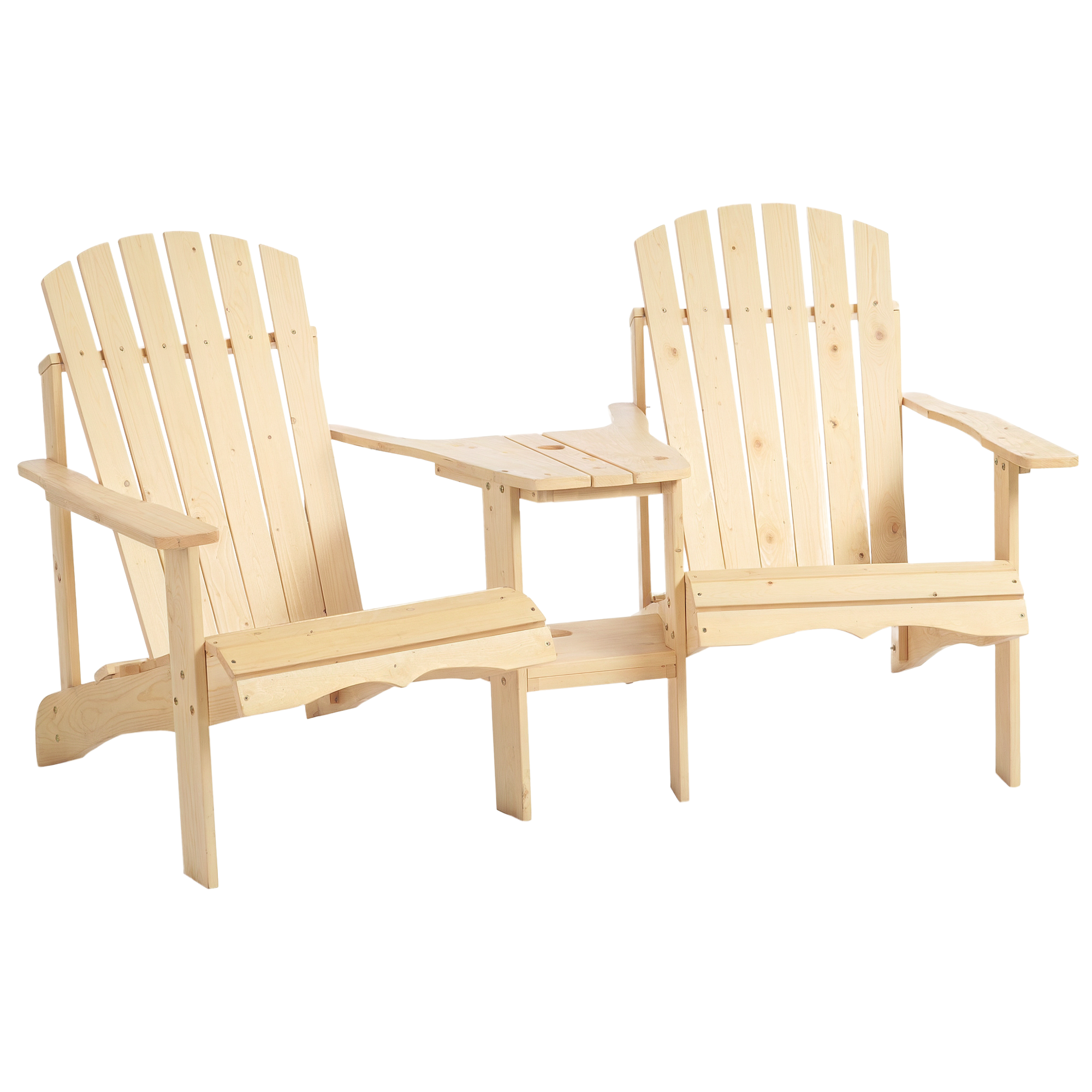 Outsunny Fire Pit Seating, 2 Wooden Adirondack Chairs with Outdoor Table & Umbrella Hole, Wood 2 Person Adirondack Bench, Natural